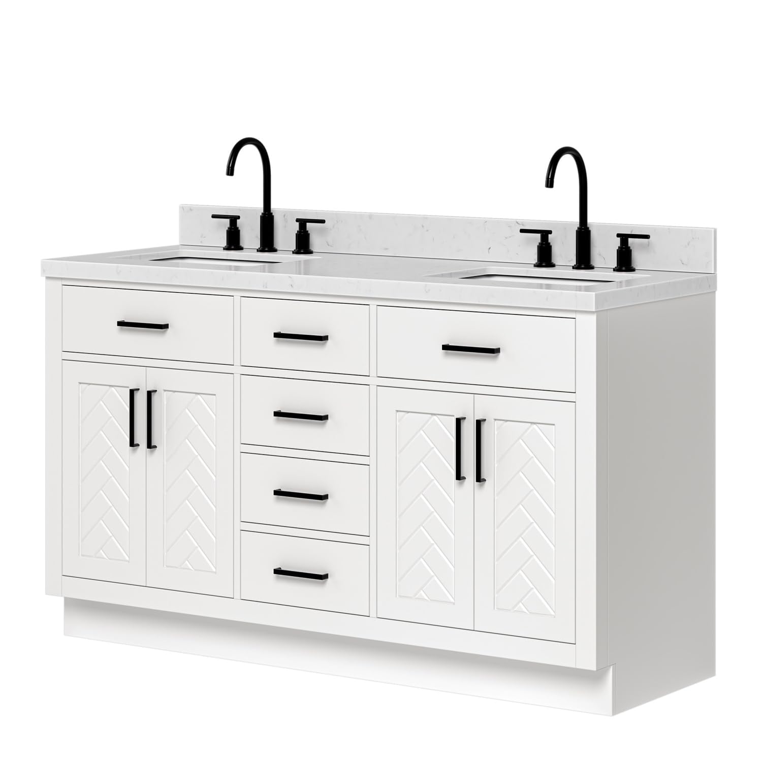 ARIEL Chevron 60-inch Bathroom Vanity with Sink,Solid Wood, 1.5-inch Carrara White Quartz Countertop & Backsplash, Double Rectangular Porcelain Sink, 4 Soft Closing Doors, 6 Dovetail Drawers, White - Image 3