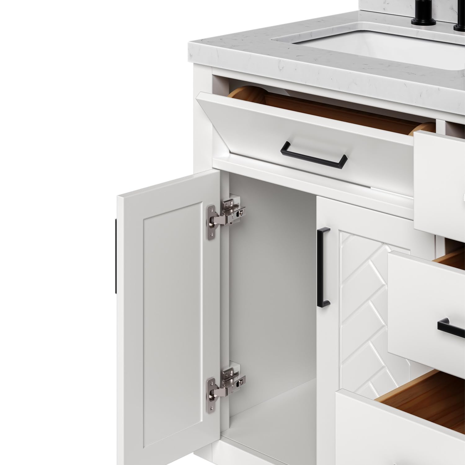 ARIEL Chevron 60-inch Bathroom Vanity with Sink,Solid Wood, 1.5-inch Carrara White Quartz Countertop & Backsplash, Double Rectangular Porcelain Sink, 4 Soft Closing Doors, 6 Dovetail Drawers, White - Image 4