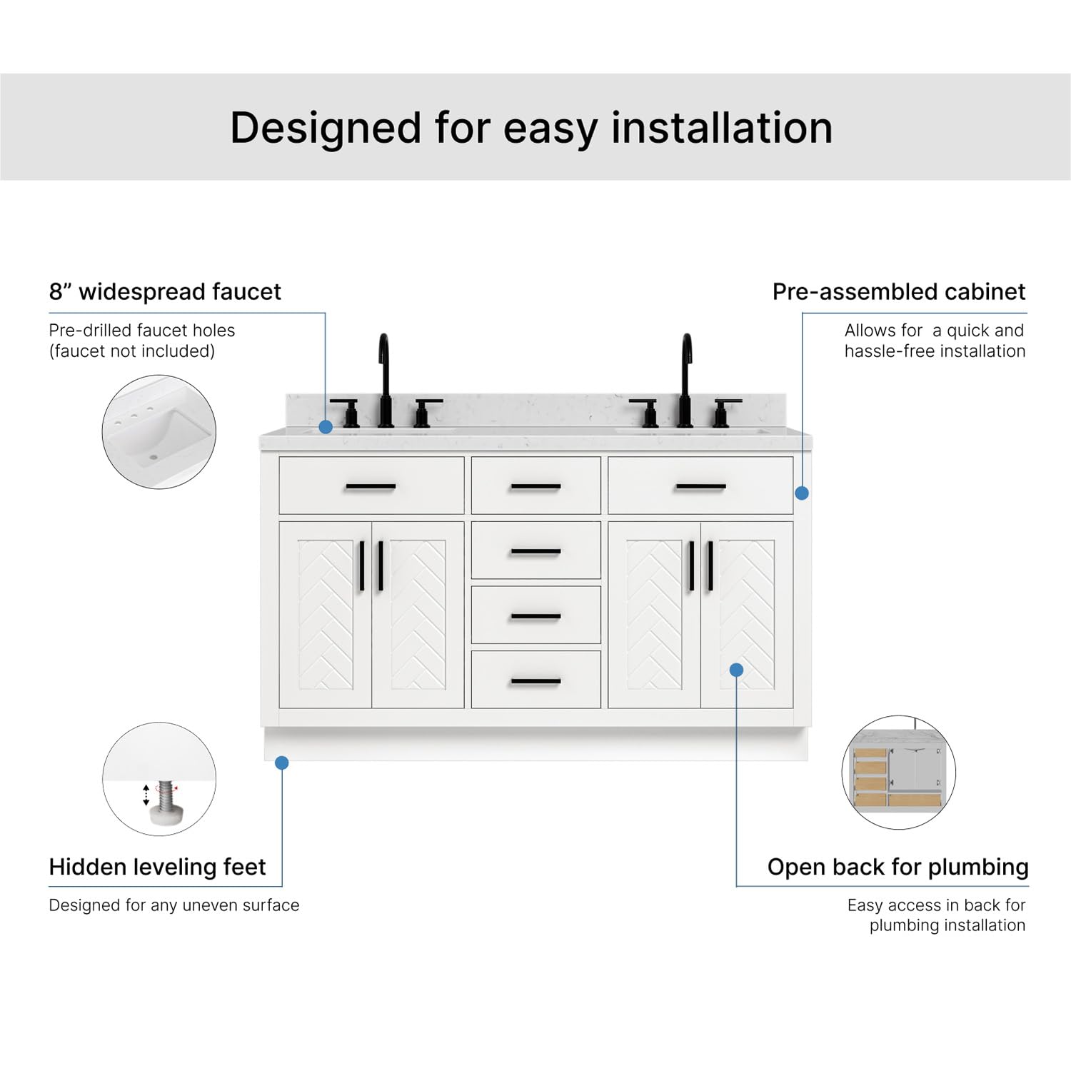 ARIEL Chevron 60-inch Bathroom Vanity with Sink,Solid Wood, 1.5-inch Carrara White Quartz Countertop & Backsplash, Double Rectangular Porcelain Sink, 4 Soft Closing Doors, 6 Dovetail Drawers, White - Image 7