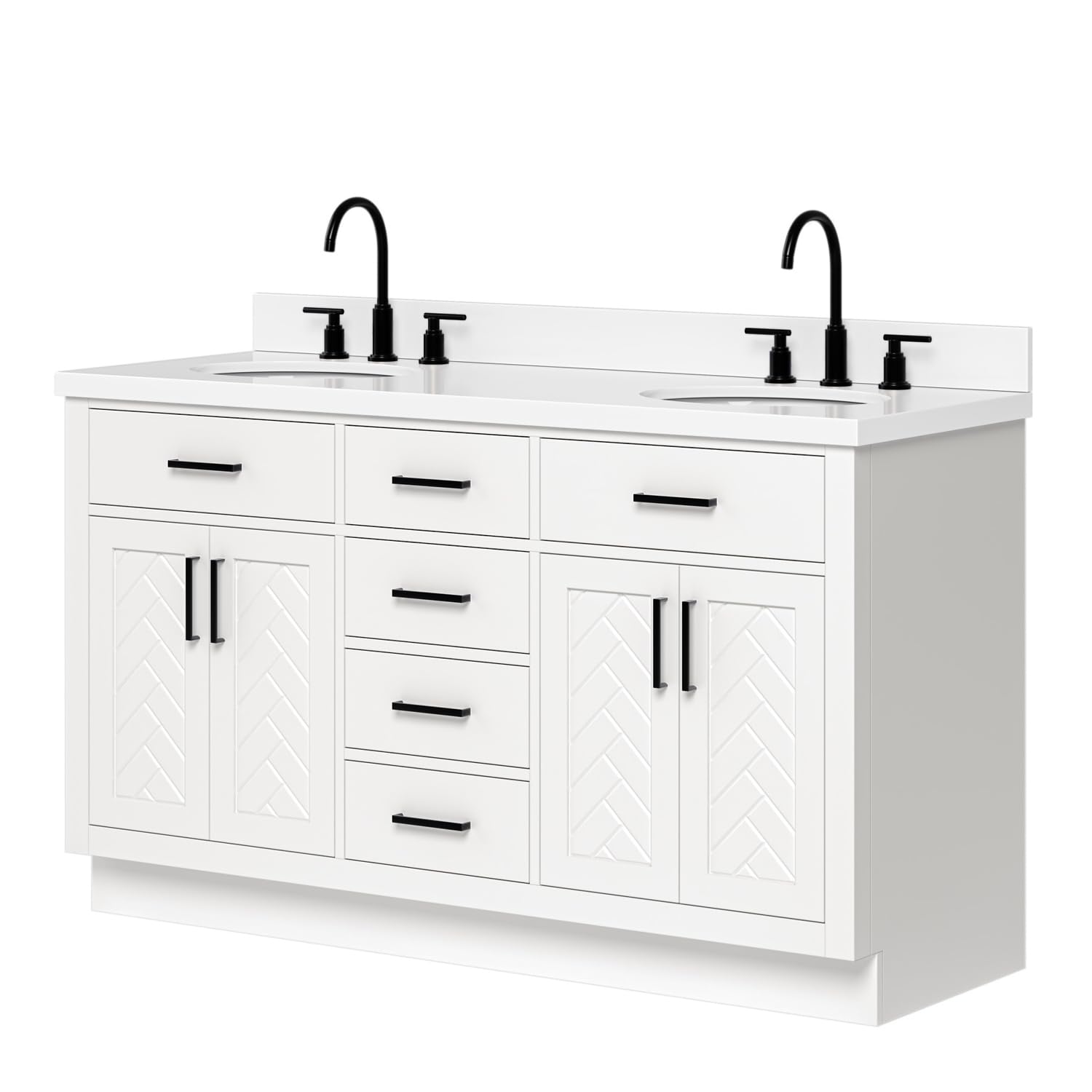 ARIEL Chevron 60-inch Bathroom Vanity with Sink,Solid Wood, 1.5-inch Pure White Quartz Countertop & Backsplash, Double Oval Porcelain Sink, 4 Soft Closing Doors, 6 Dovetail Drawers, White - Image 3
