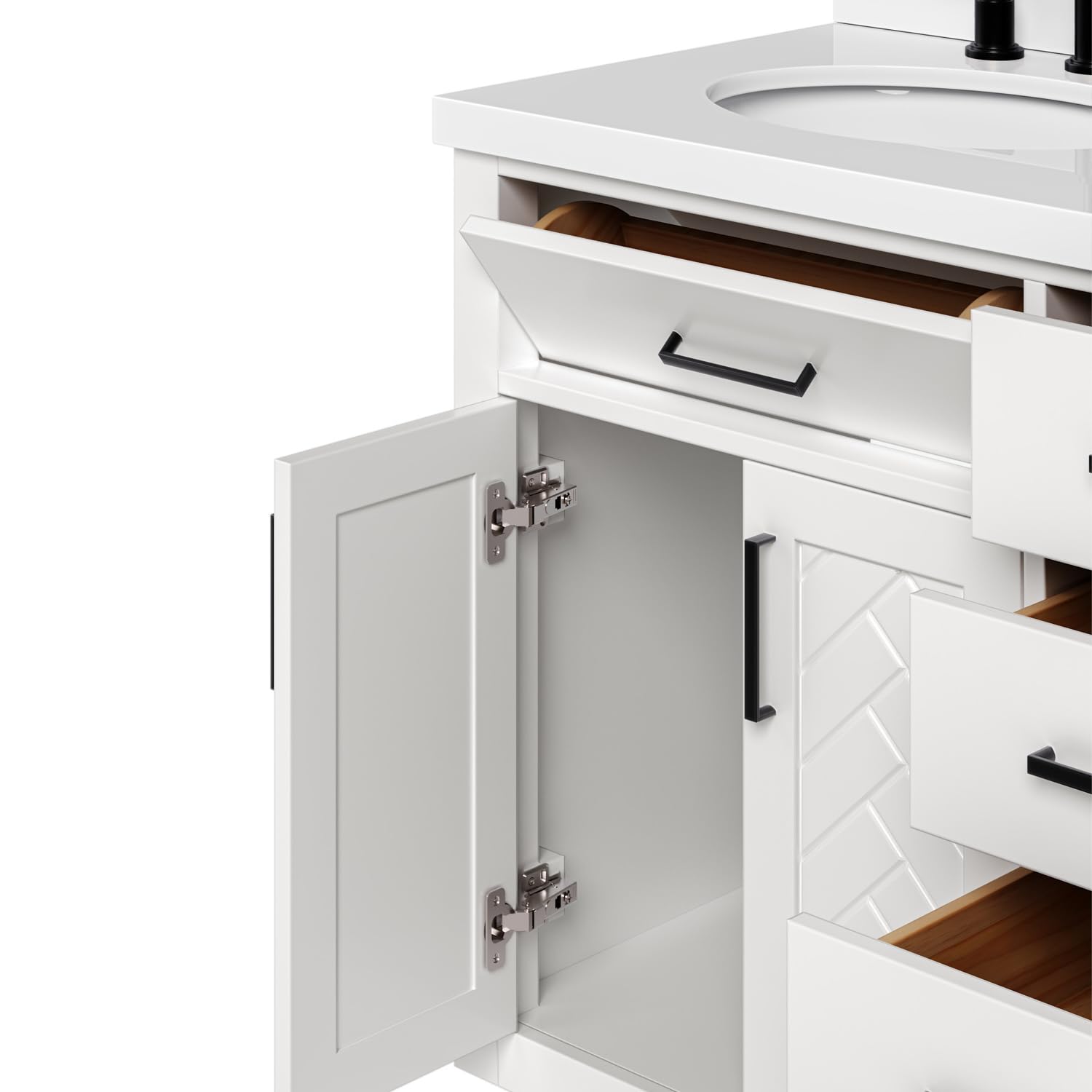 ARIEL Chevron 60-inch Bathroom Vanity with Sink,Solid Wood, 1.5-inch Pure White Quartz Countertop & Backsplash, Double Oval Porcelain Sink, 4 Soft Closing Doors, 6 Dovetail Drawers, White - Image 4