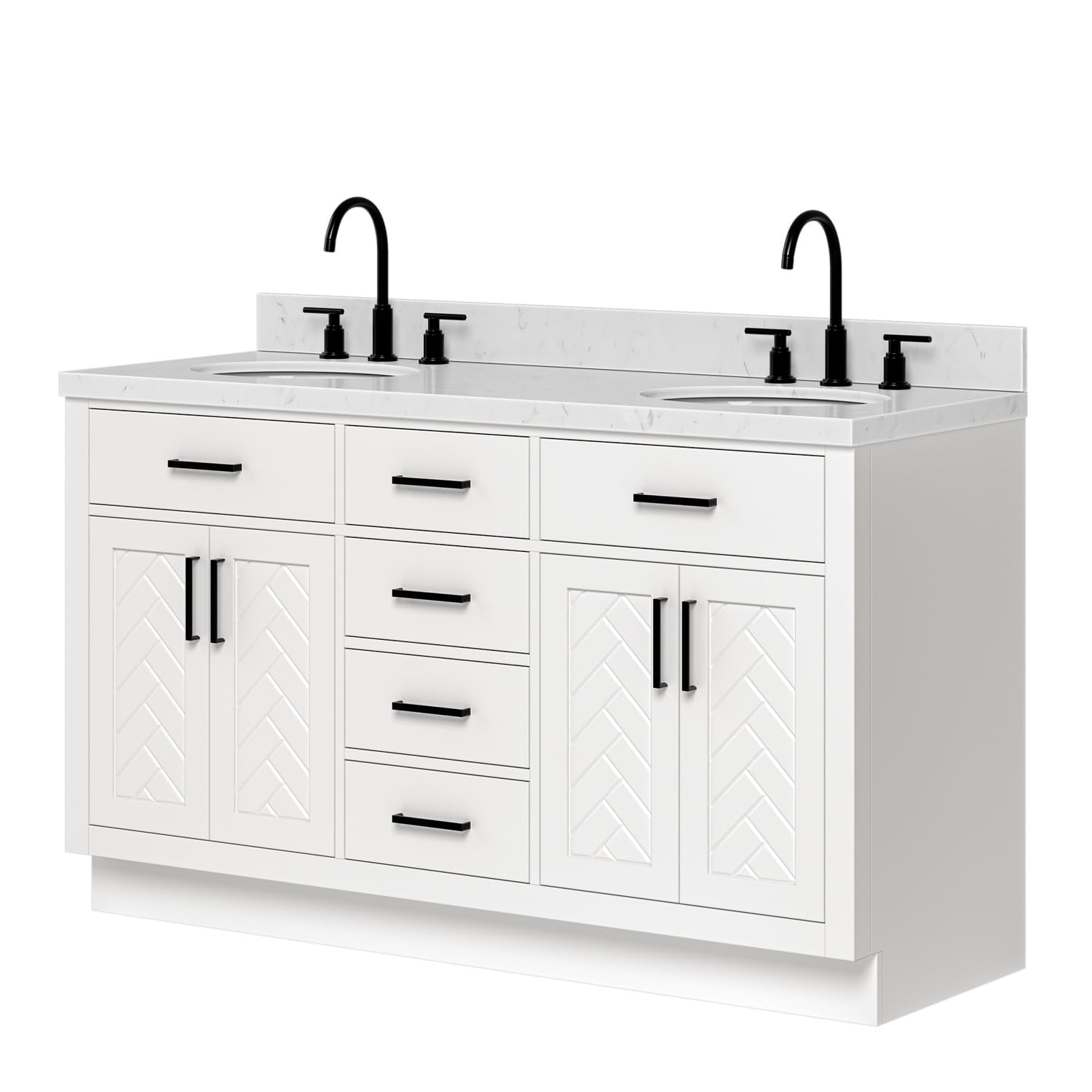 ARIEL Chevron 60-inch Bathroom Vanity with Sink,Solid Wood, 1.5-inch Carrara White Quartz Countertop & Backsplash, Double Oval Porcelain Sink, 4 Soft Closing Doors, 6 Dovetail Drawers, White - Image 3
