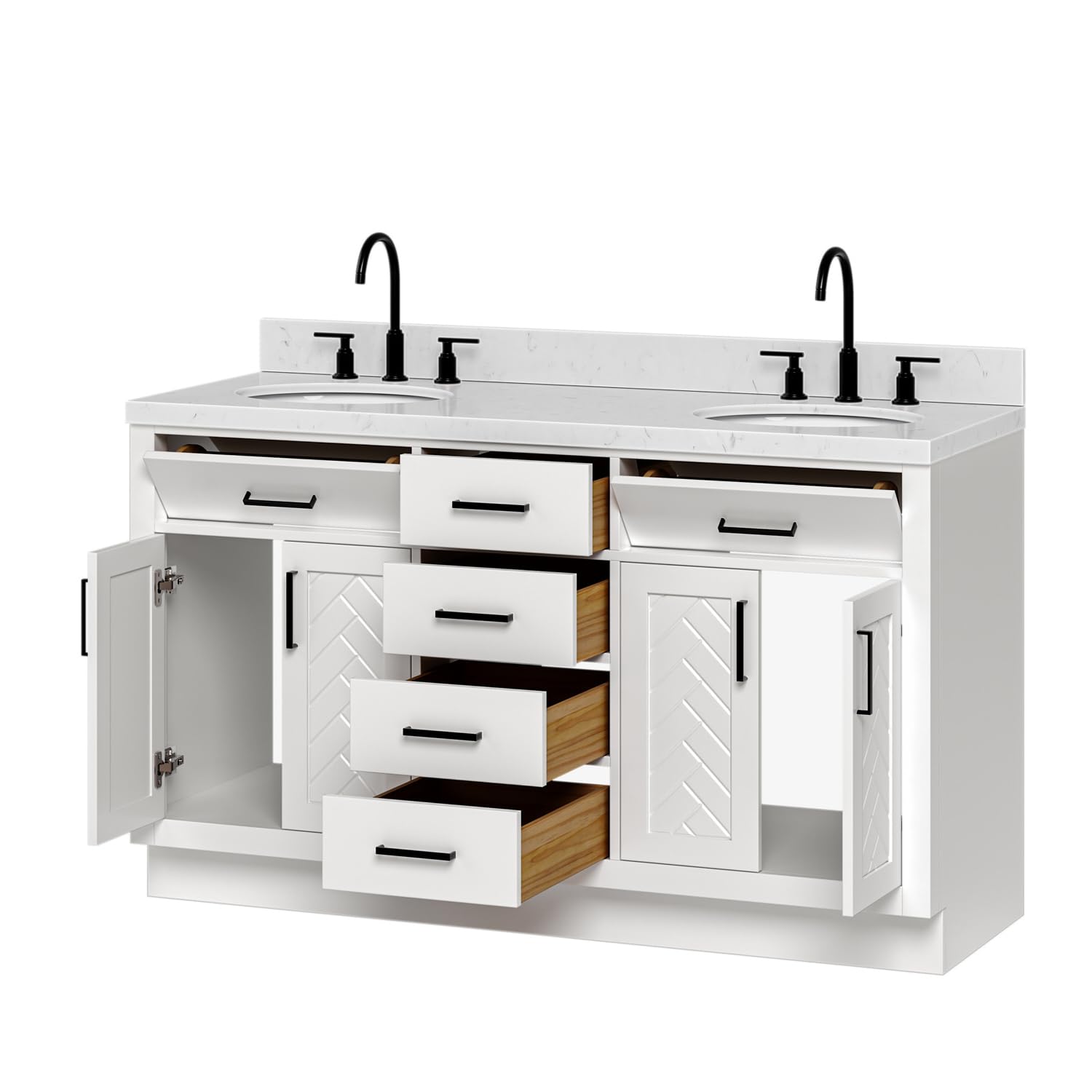 ARIEL Chevron 60-inch Bathroom Vanity with Sink,Solid Wood, 1.5-inch Carrara White Quartz Countertop & Backsplash, Double Oval Porcelain Sink, 4 Soft Closing Doors, 6 Dovetail Drawers, White - Image 5