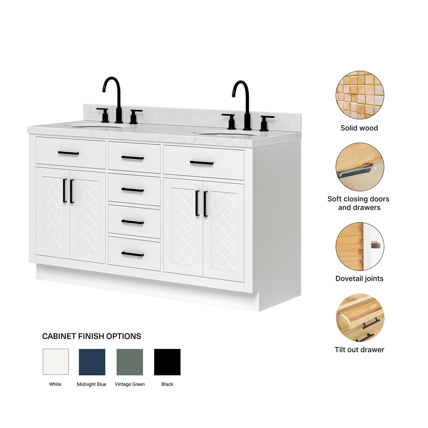 ARIEL Chevron 60-inch Bathroom Vanity with Sink,Solid Wood, 1.5-inch Carrara White Quartz Countertop & Backsplash, Double Oval Porcelain Sink, 4 Soft Closing Doors, 6 Dovetail Drawers, White - Image 6