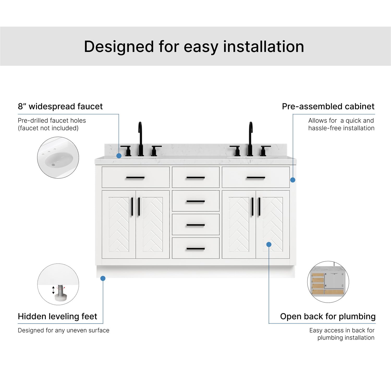 ARIEL Chevron 60-inch Bathroom Vanity with Sink,Solid Wood, 1.5-inch Carrara White Quartz Countertop & Backsplash, Double Oval Porcelain Sink, 4 Soft Closing Doors, 6 Dovetail Drawers, White - Image 7