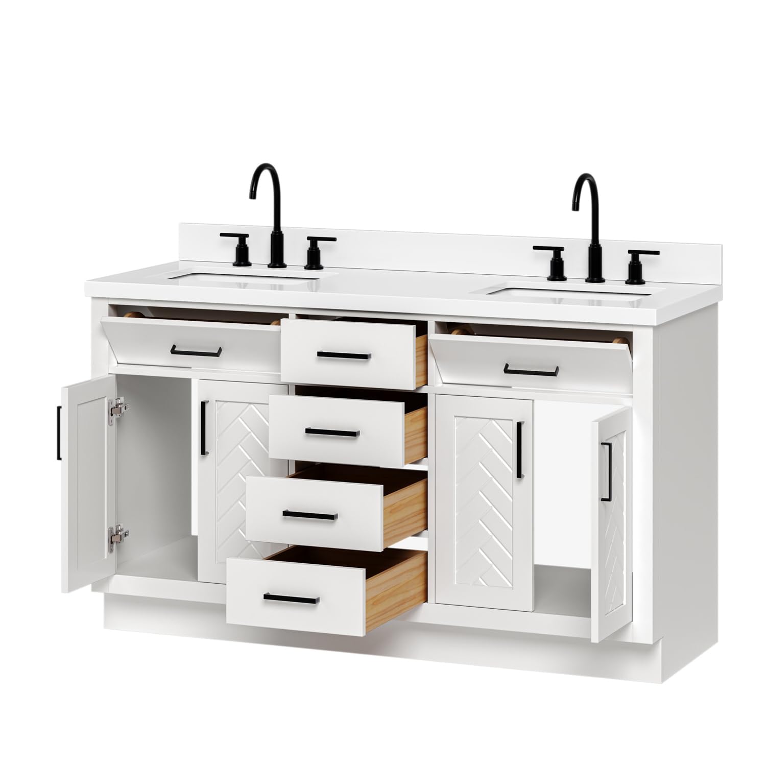 ARIEL Chevron 60-inch Bathroom Vanity with Sink,Solid Wood, 1.5-inch Pure White Quartz Countertop & Backsplash, Double Rectangular Porcelain Sink, 4 Soft Closing Doors, 6 Dovetail Drawers, White - Image 5