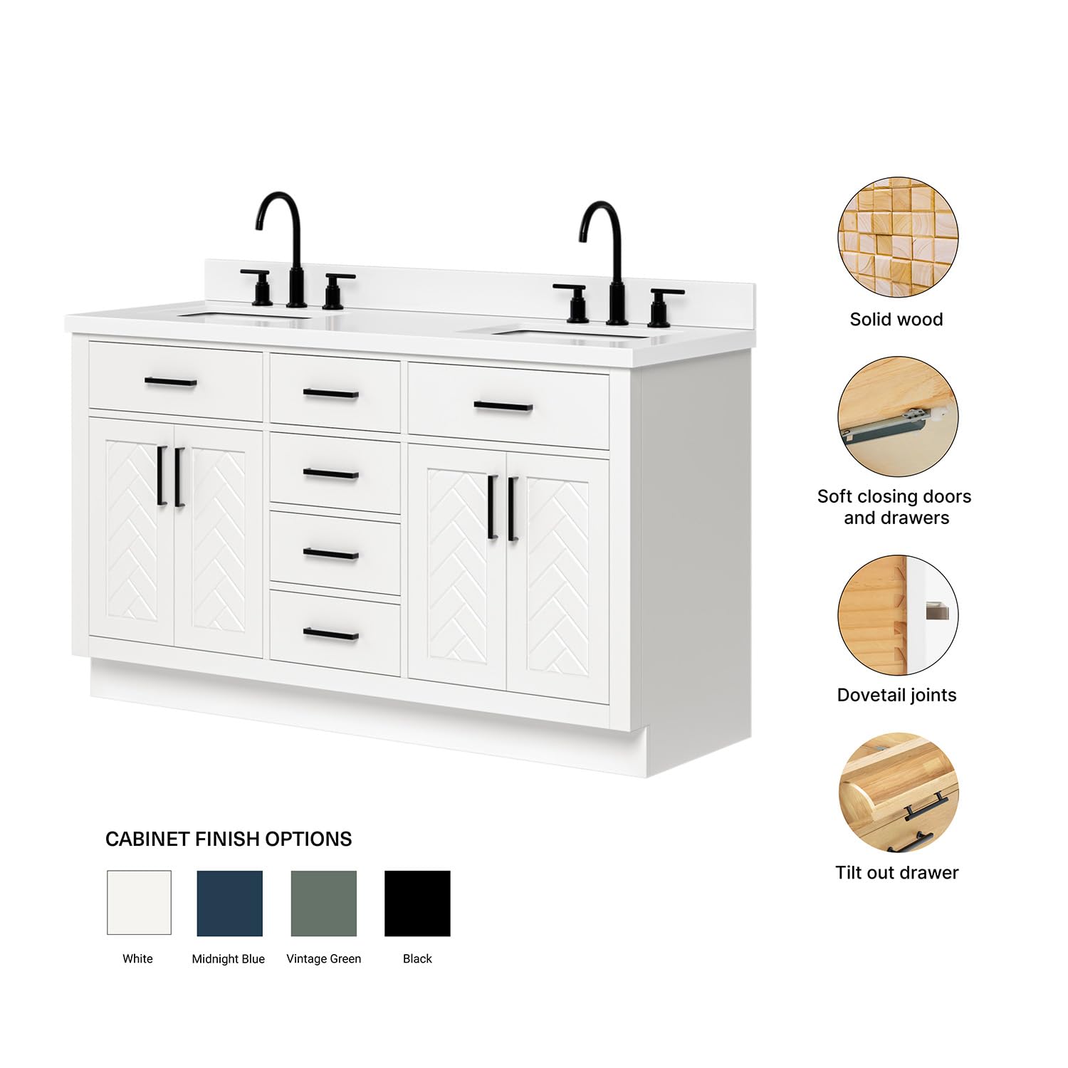 ARIEL Chevron 60-inch Bathroom Vanity with Sink,Solid Wood, 1.5-inch Pure White Quartz Countertop & Backsplash, Double Rectangular Porcelain Sink, 4 Soft Closing Doors, 6 Dovetail Drawers, White - Image 6