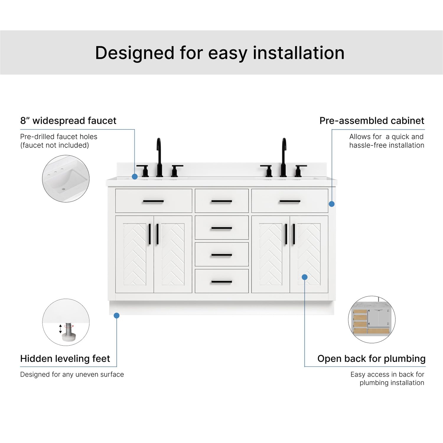 ARIEL Chevron 60-inch Bathroom Vanity with Sink,Solid Wood, 1.5-inch Pure White Quartz Countertop & Backsplash, Double Rectangular Porcelain Sink, 4 Soft Closing Doors, 6 Dovetail Drawers, White - Image 7