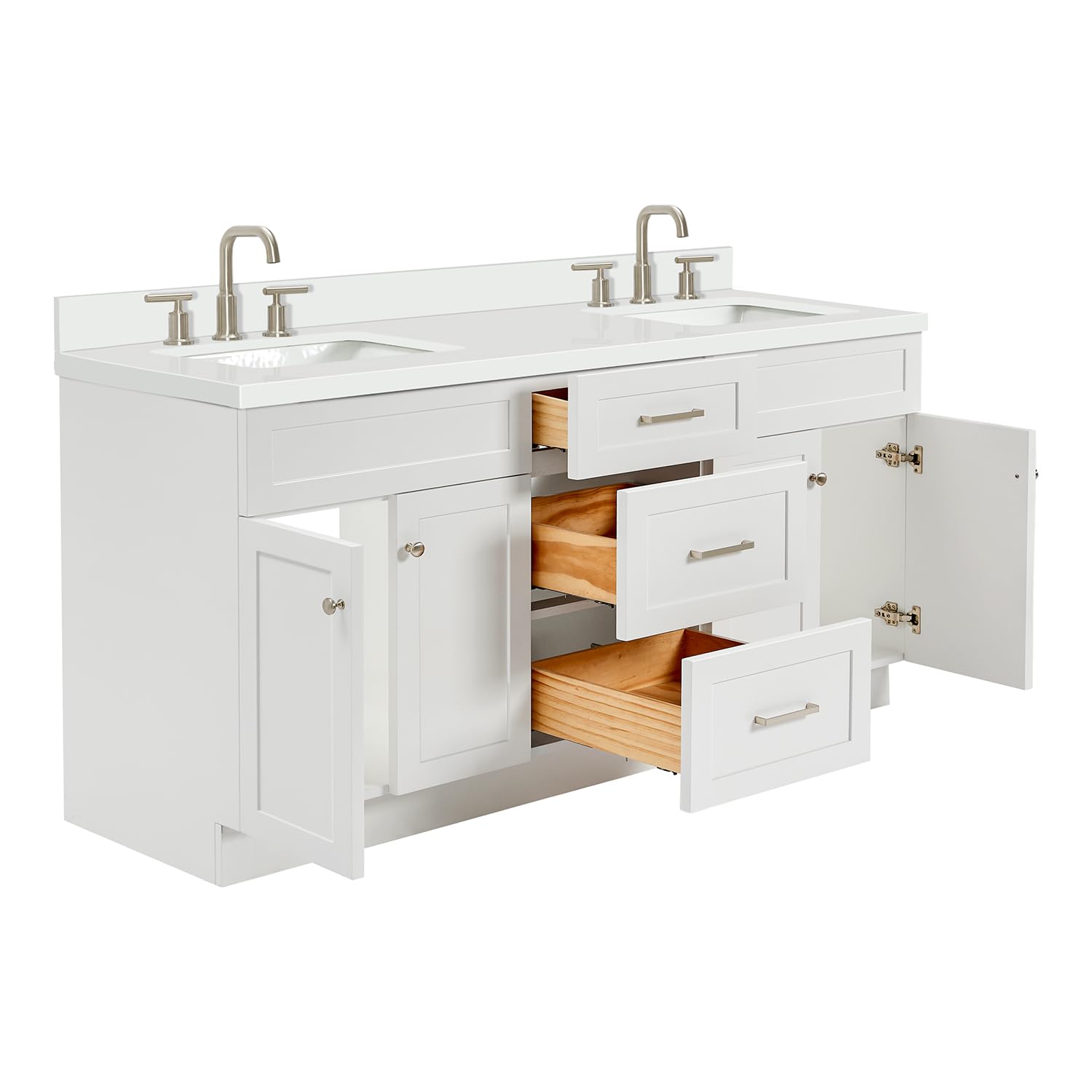 ARIEL Hamlet 72-inch Bathroom Vanity with Sink,Solid Wood, 1.5-inch Pure White Quartz Countertop & Backsplash, Double Rectangular Porcelain Sink, 4 Soft Closing Doors, 3 Dovetail Drawers, White - Image 10