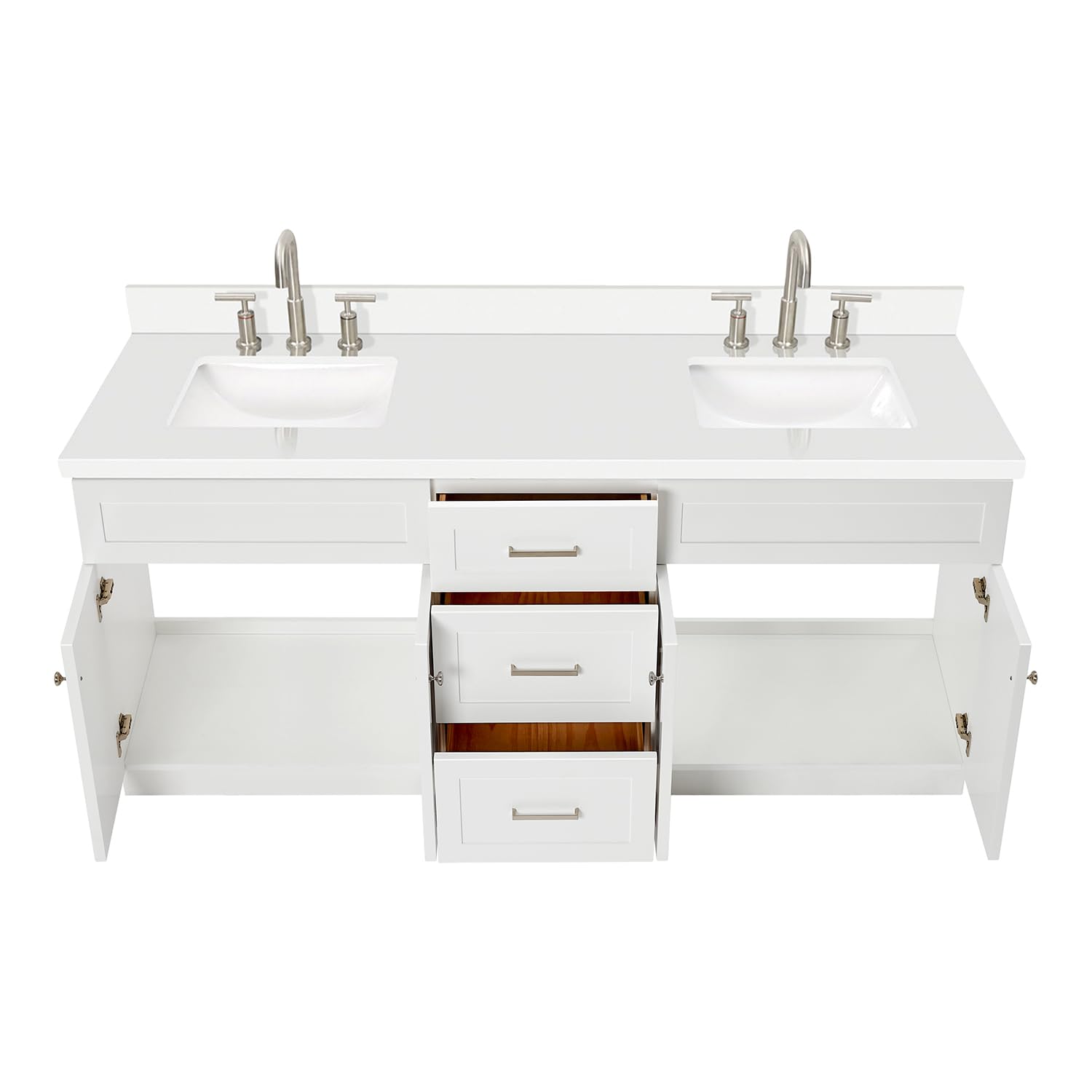 ARIEL Hamlet 72-inch Bathroom Vanity with Sink,Solid Wood, 1.5-inch Pure White Quartz Countertop & Backsplash, Double Rectangular Porcelain Sink, 4 Soft Closing Doors, 3 Dovetail Drawers, White - Image 12