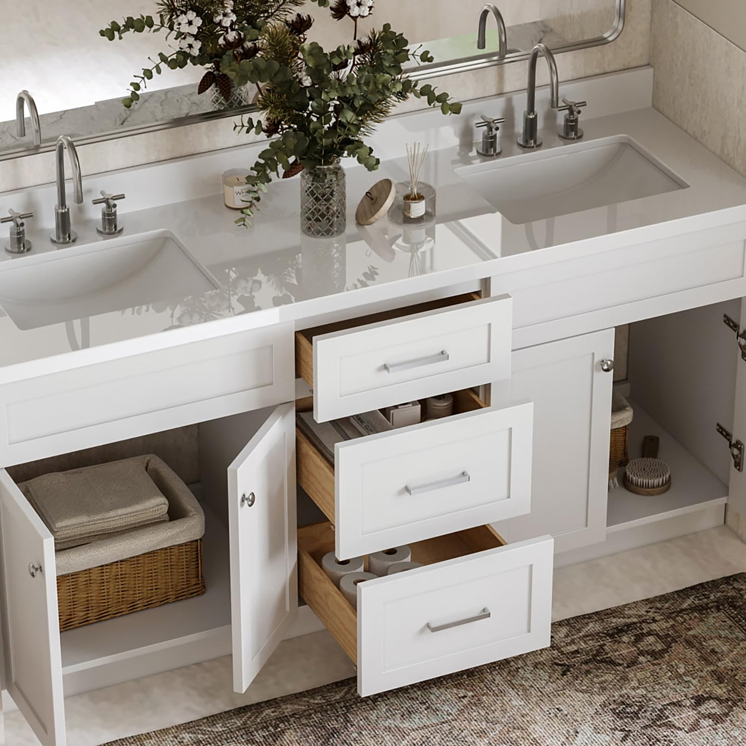ARIEL Hamlet 72-inch Bathroom Vanity with Sink,Solid Wood, 1.5-inch Pure White Quartz Countertop & Backsplash, Double Rectangular Porcelain Sink, 4 Soft Closing Doors, 3 Dovetail Drawers, White - Image 3