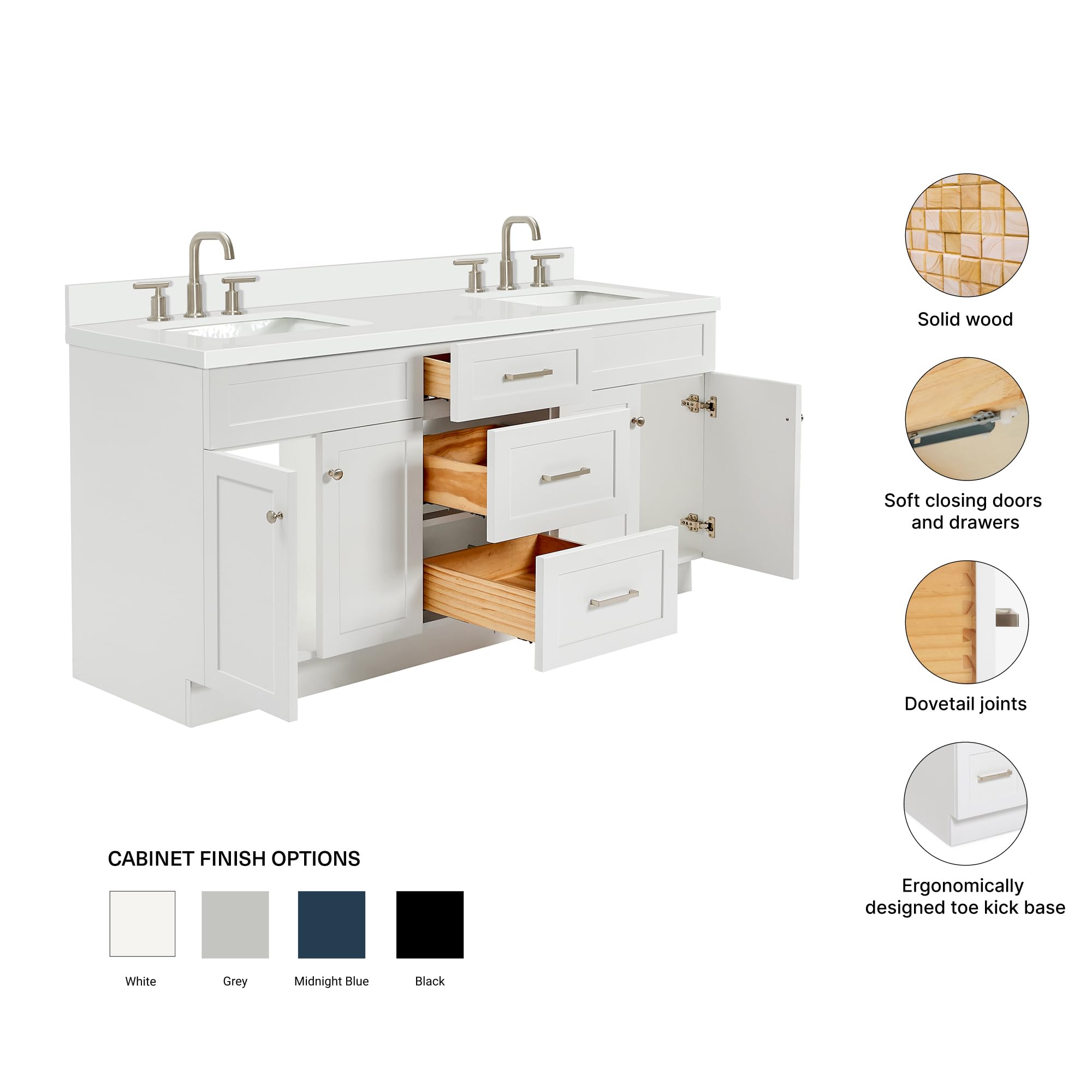 ARIEL Hamlet 72-inch Bathroom Vanity with Sink,Solid Wood, 1.5-inch Pure White Quartz Countertop & Backsplash, Double Rectangular Porcelain Sink, 4 Soft Closing Doors, 3 Dovetail Drawers, White - Image 5
