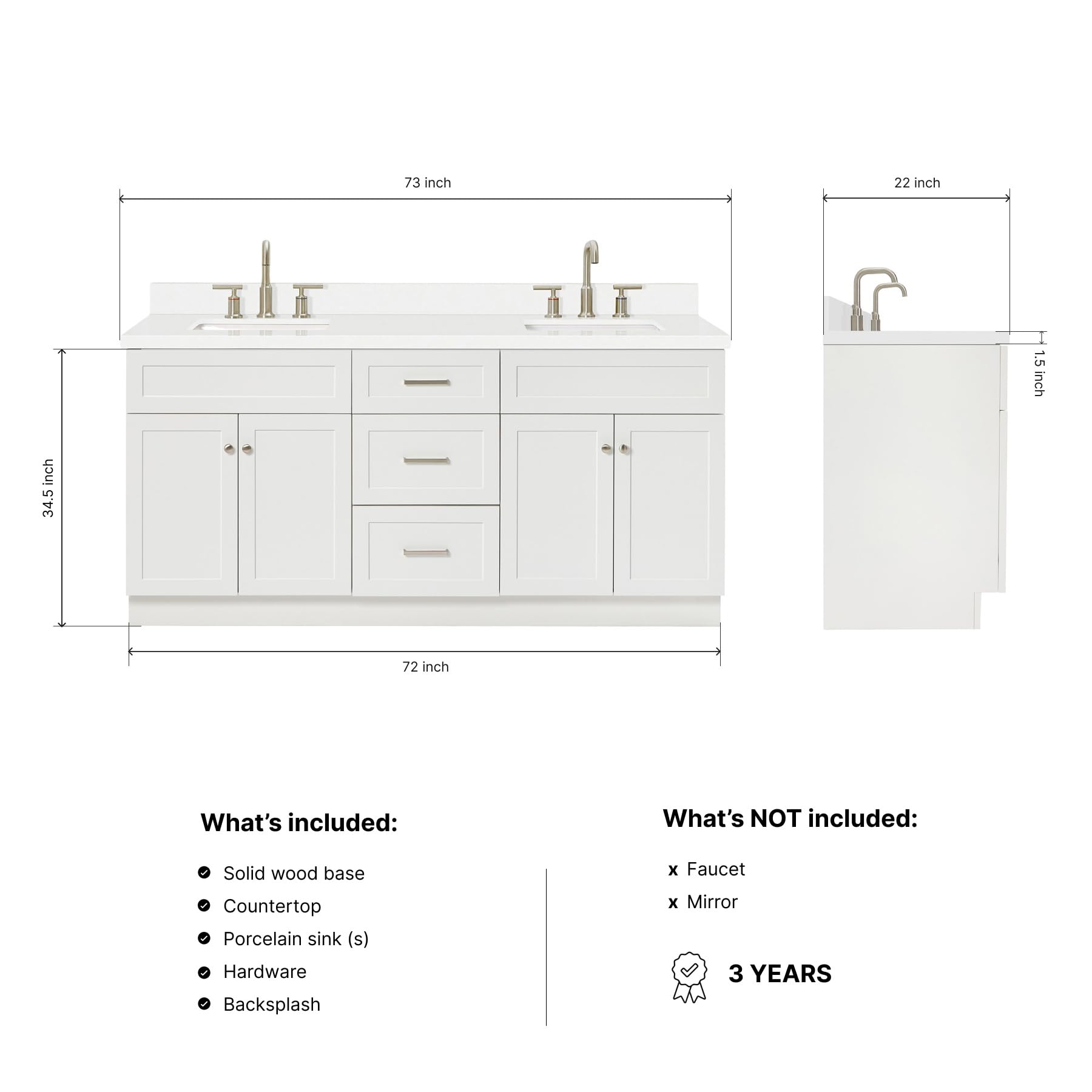 ARIEL Hamlet 72-inch Bathroom Vanity with Sink,Solid Wood, 1.5-inch Pure White Quartz Countertop & Backsplash, Double Rectangular Porcelain Sink, 4 Soft Closing Doors, 3 Dovetail Drawers, White - Image 6