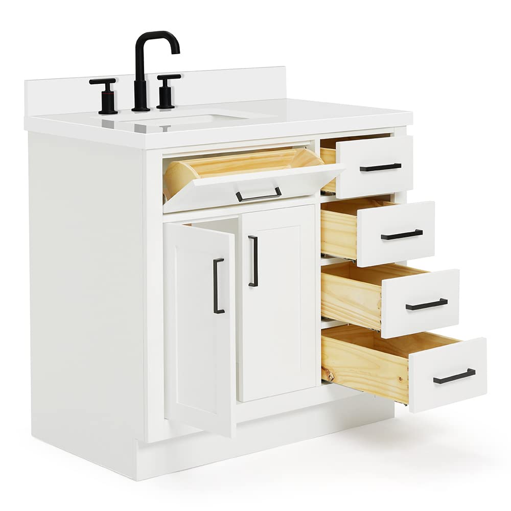 ARIEL Hepburn 36-inch Bathroom Vanity with Sink,Solid Wood, 1.5-inch Pure White Quartz Countertop & Backsplash, Single Rectangular Porcelain Sink, 2 Soft Closing Doors, 5 Dovetail Drawers, White - Image 10