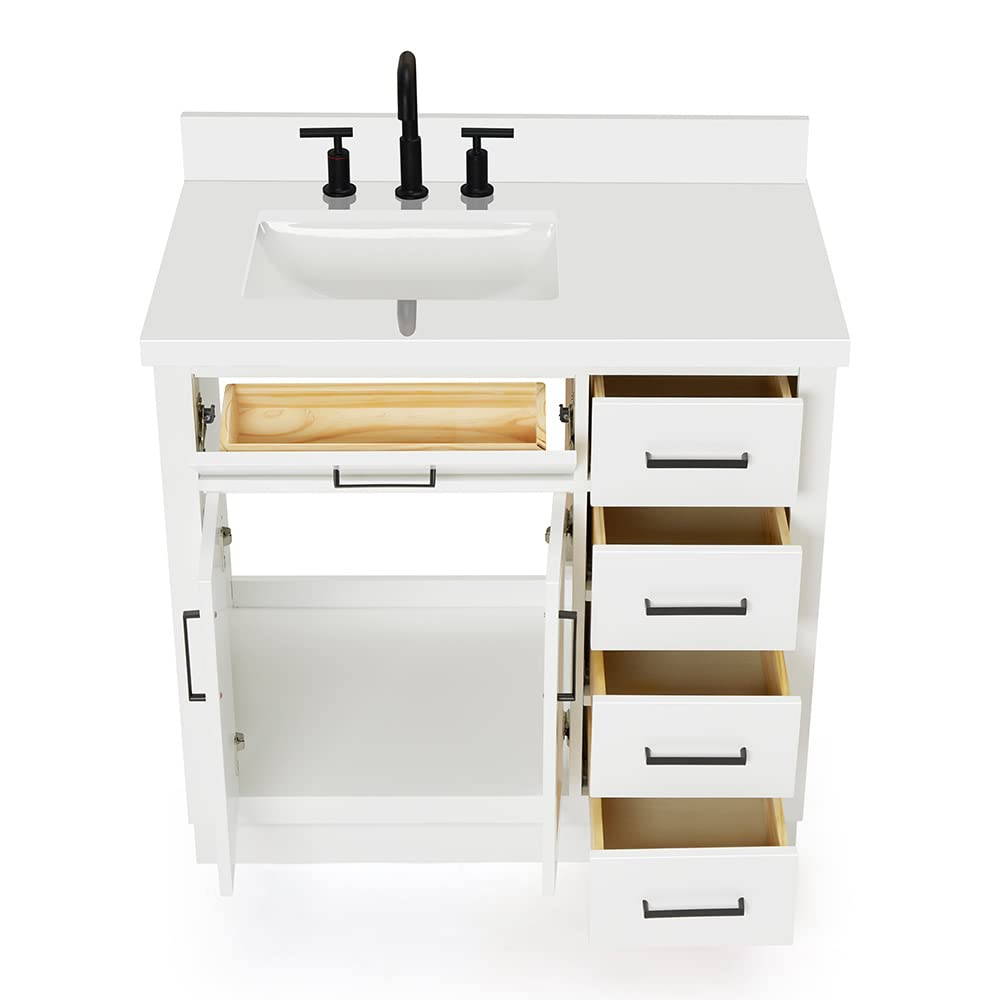 ARIEL Hepburn 36-inch Bathroom Vanity with Sink,Solid Wood, 1.5-inch Pure White Quartz Countertop & Backsplash, Single Rectangular Porcelain Sink, 2 Soft Closing Doors, 5 Dovetail Drawers, White - Image 11