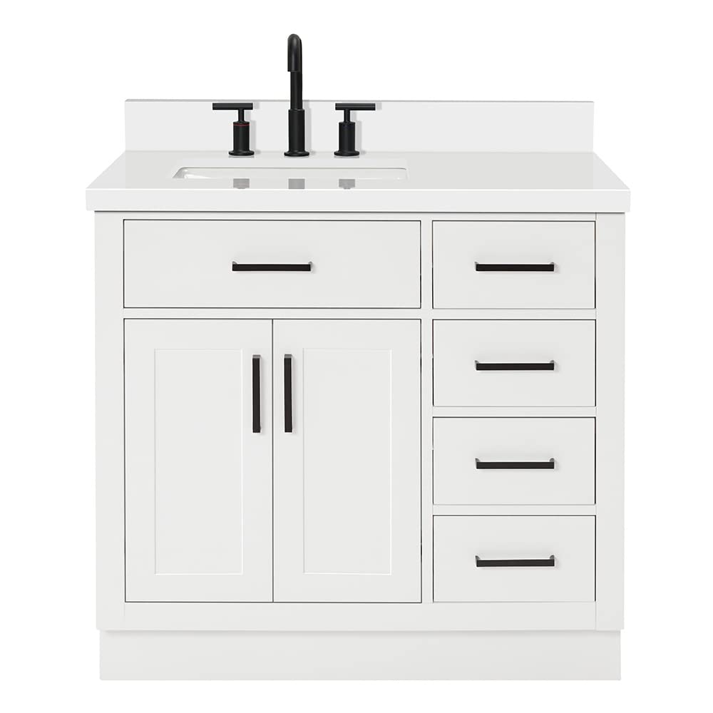 ARIEL Hepburn 36-inch Bathroom Vanity with Sink,Solid Wood, 1.5-inch Pure White Quartz Countertop & Backsplash, Single Rectangular Porcelain Sink, 2 Soft Closing Doors, 5 Dovetail Drawers, White - Image 5