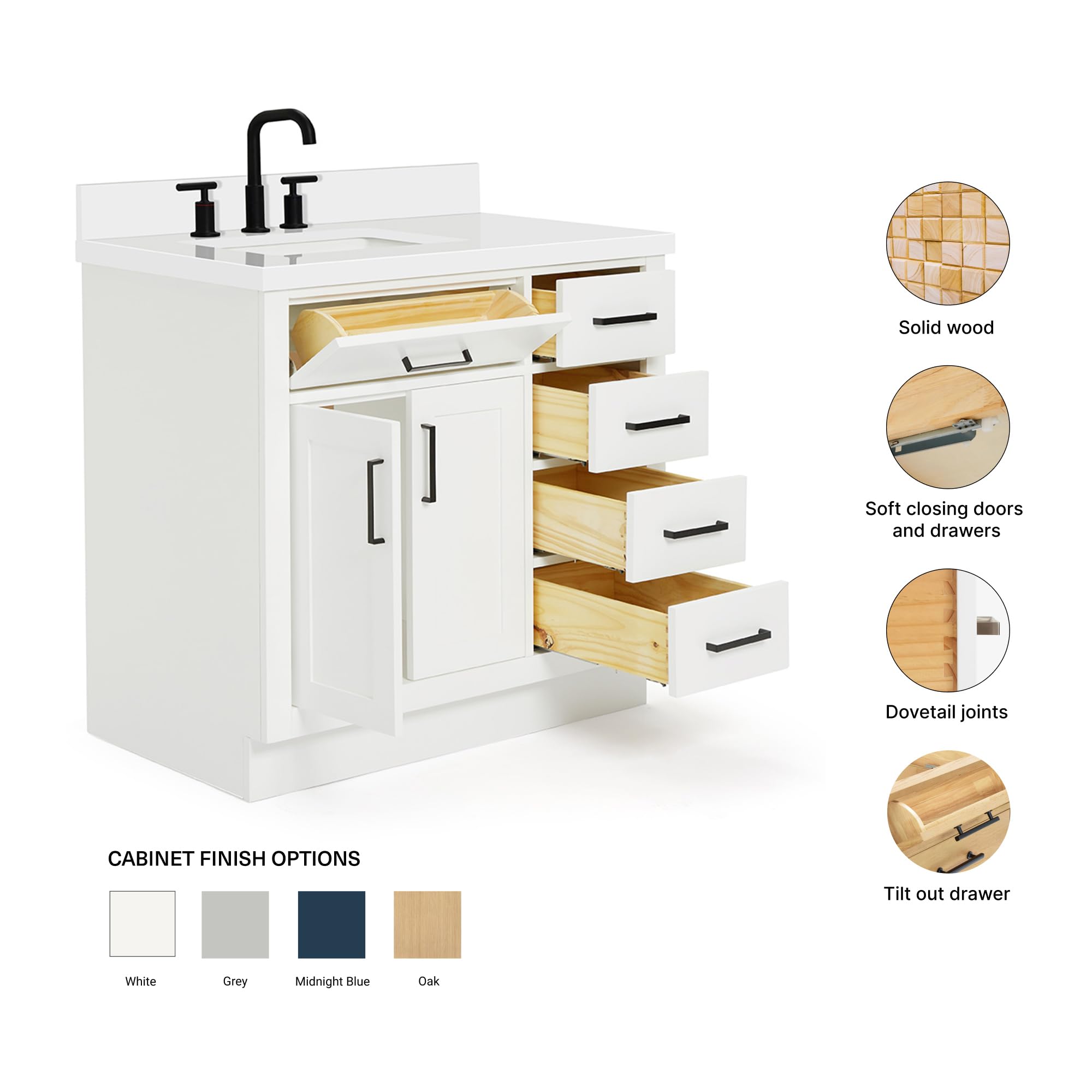 ARIEL Hepburn 36-inch Bathroom Vanity with Sink,Solid Wood, 1.5-inch Pure White Quartz Countertop & Backsplash, Single Rectangular Porcelain Sink, 2 Soft Closing Doors, 5 Dovetail Drawers, White - Image 6