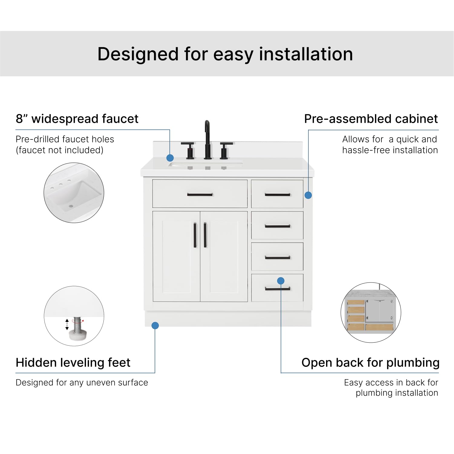 ARIEL Hepburn 36-inch Bathroom Vanity with Sink,Solid Wood, 1.5-inch Pure White Quartz Countertop & Backsplash, Single Rectangular Porcelain Sink, 2 Soft Closing Doors, 5 Dovetail Drawers, White - Image 7
