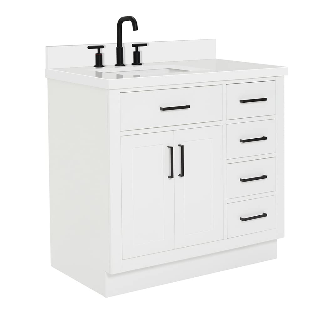 ARIEL Hepburn 36-inch Bathroom Vanity with Sink,Solid Wood, 1.5-inch Pure White Quartz Countertop & Backsplash, Single Rectangular Porcelain Sink, 2 Soft Closing Doors, 5 Dovetail Drawers, White - Image 8