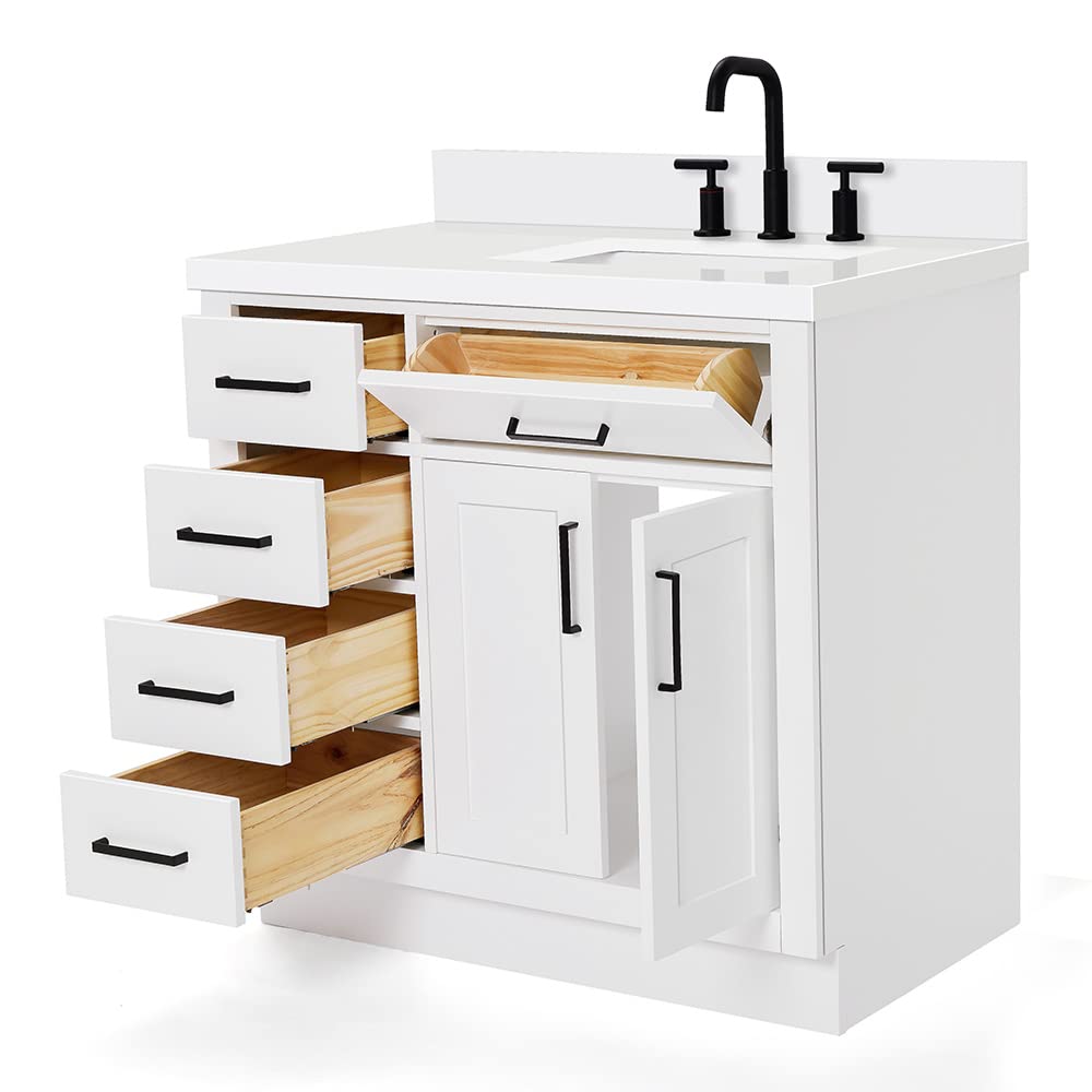 ARIEL Hepburn 36-inch Bathroom Vanity with Sink,Solid Wood, 1.5-inch Pure White Quartz Countertop & Backsplash, Single Rectangular Porcelain Sink, 2 Soft Closing Doors, 5 Dovetail Drawers, White - Image 10