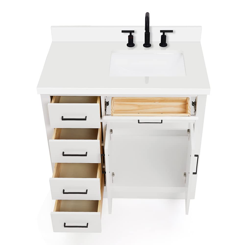 ARIEL Hepburn 36-inch Bathroom Vanity with Sink,Solid Wood, 1.5-inch Pure White Quartz Countertop & Backsplash, Single Rectangular Porcelain Sink, 2 Soft Closing Doors, 5 Dovetail Drawers, White - Image 11