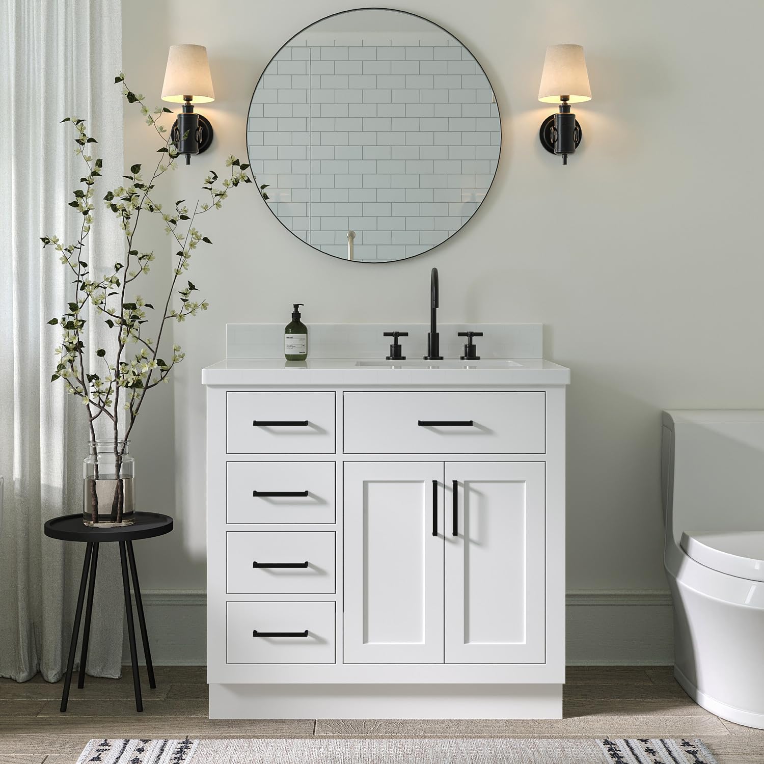 ARIEL Hepburn 36-inch Bathroom Vanity with Sink,Solid Wood, 1.5-inch Pure White Quartz Countertop & Backsplash, Single Rectangular Porcelain Sink, 2 Soft Closing Doors, 5 Dovetail Drawers, White - Image 3