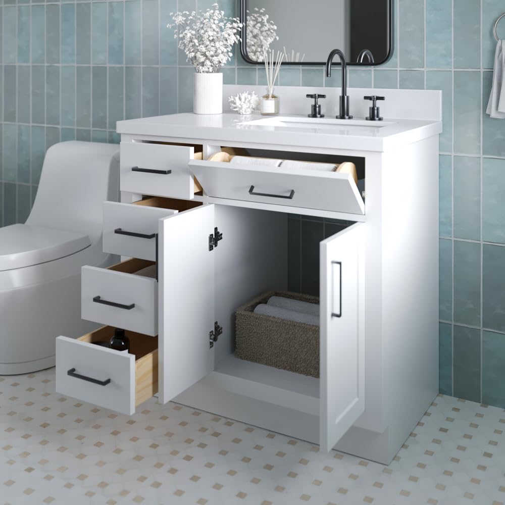 ARIEL Hepburn 36-inch Bathroom Vanity with Sink,Solid Wood, 1.5-inch Pure White Quartz Countertop & Backsplash, Single Rectangular Porcelain Sink, 2 Soft Closing Doors, 5 Dovetail Drawers, White - Image 4