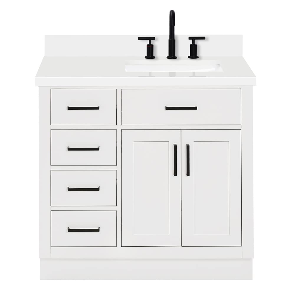 ARIEL Hepburn 36-inch Bathroom Vanity with Sink,Solid Wood, 1.5-inch Pure White Quartz Countertop & Backsplash, Single Rectangular Porcelain Sink, 2 Soft Closing Doors, 5 Dovetail Drawers, White - Image 5