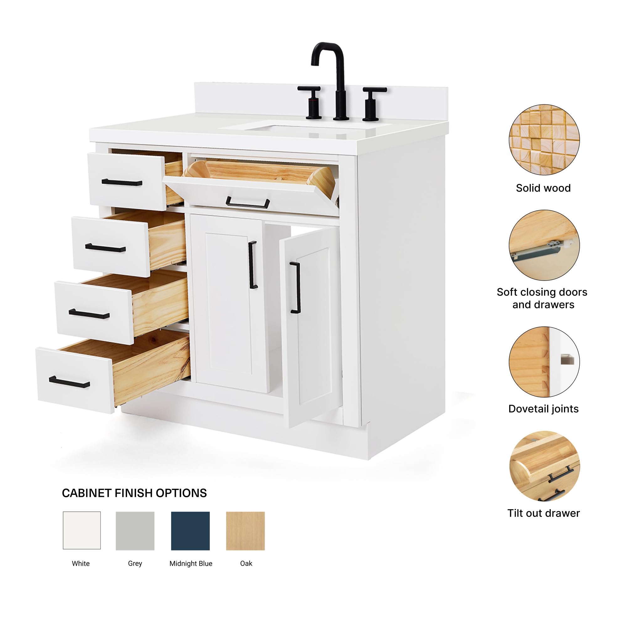 ARIEL Hepburn 36-inch Bathroom Vanity with Sink,Solid Wood, 1.5-inch Pure White Quartz Countertop & Backsplash, Single Rectangular Porcelain Sink, 2 Soft Closing Doors, 5 Dovetail Drawers, White - Image 6