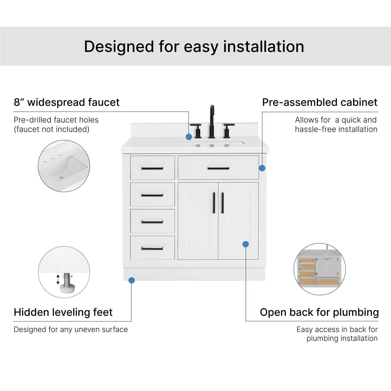 ARIEL Hepburn 36-inch Bathroom Vanity with Sink,Solid Wood, 1.5-inch Pure White Quartz Countertop & Backsplash, Single Rectangular Porcelain Sink, 2 Soft Closing Doors, 5 Dovetail Drawers, White - Image 7