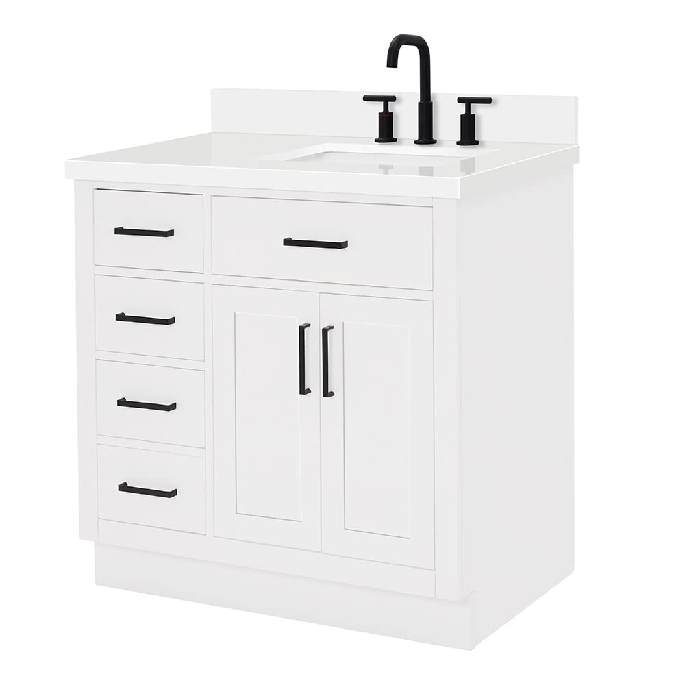 ARIEL Hepburn 36-inch Bathroom Vanity with Sink,Solid Wood, 1.5-inch Pure White Quartz Countertop & Backsplash, Single Rectangular Porcelain Sink, 2 Soft Closing Doors, 5 Dovetail Drawers, White - Image 8