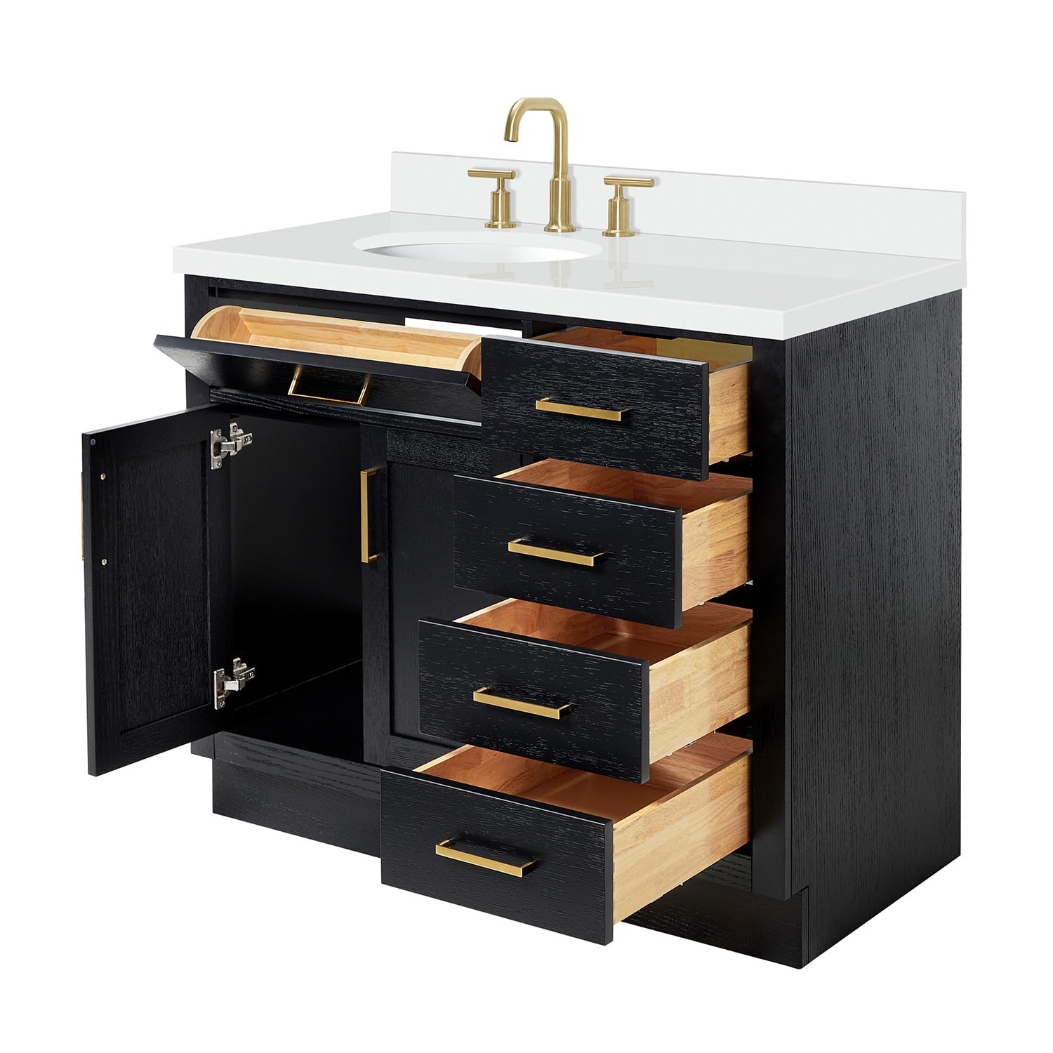 ARIEL Hepburn 42-inch Bathroom Vanity with Sink,Solid Wood, 1.5-inch Pure White Quartz Countertop & Backsplash, Single Oval Porcelain Sink, 2 Soft Closing Doors, 5 Dovetail Drawers, Black Oak - Image 10