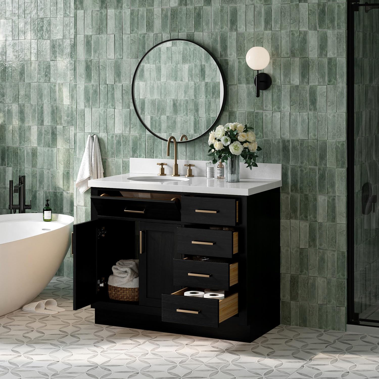 ARIEL Hepburn 42-inch Bathroom Vanity with Sink,Solid Wood, 1.5-inch Pure White Quartz Countertop & Backsplash, Single Oval Porcelain Sink, 2 Soft Closing Doors, 5 Dovetail Drawers, Black Oak - Image 3