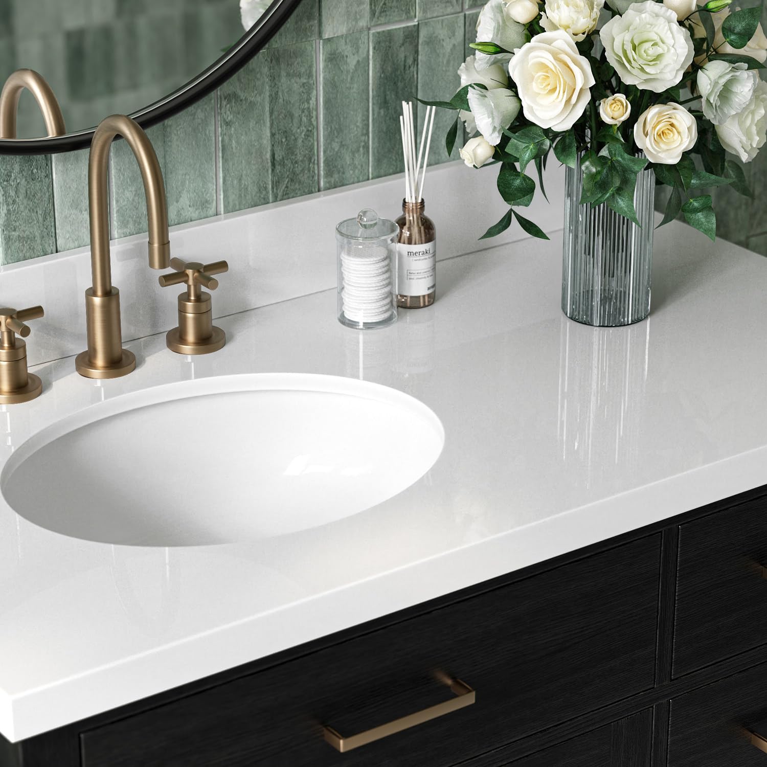 ARIEL Hepburn 42-inch Bathroom Vanity with Sink,Solid Wood, 1.5-inch Pure White Quartz Countertop & Backsplash, Single Oval Porcelain Sink, 2 Soft Closing Doors, 5 Dovetail Drawers, Black Oak - Image 4