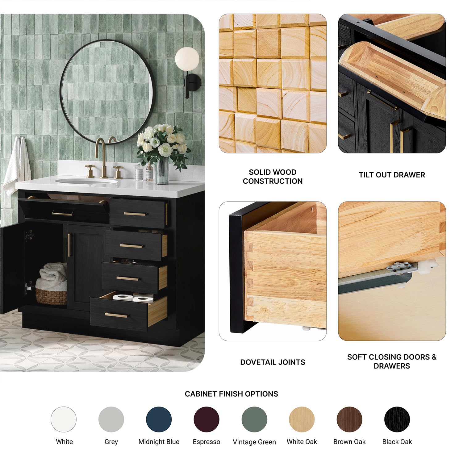 ARIEL Hepburn 42-inch Bathroom Vanity with Sink,Solid Wood, 1.5-inch Pure White Quartz Countertop & Backsplash, Single Oval Porcelain Sink, 2 Soft Closing Doors, 5 Dovetail Drawers, Black Oak - Image 6