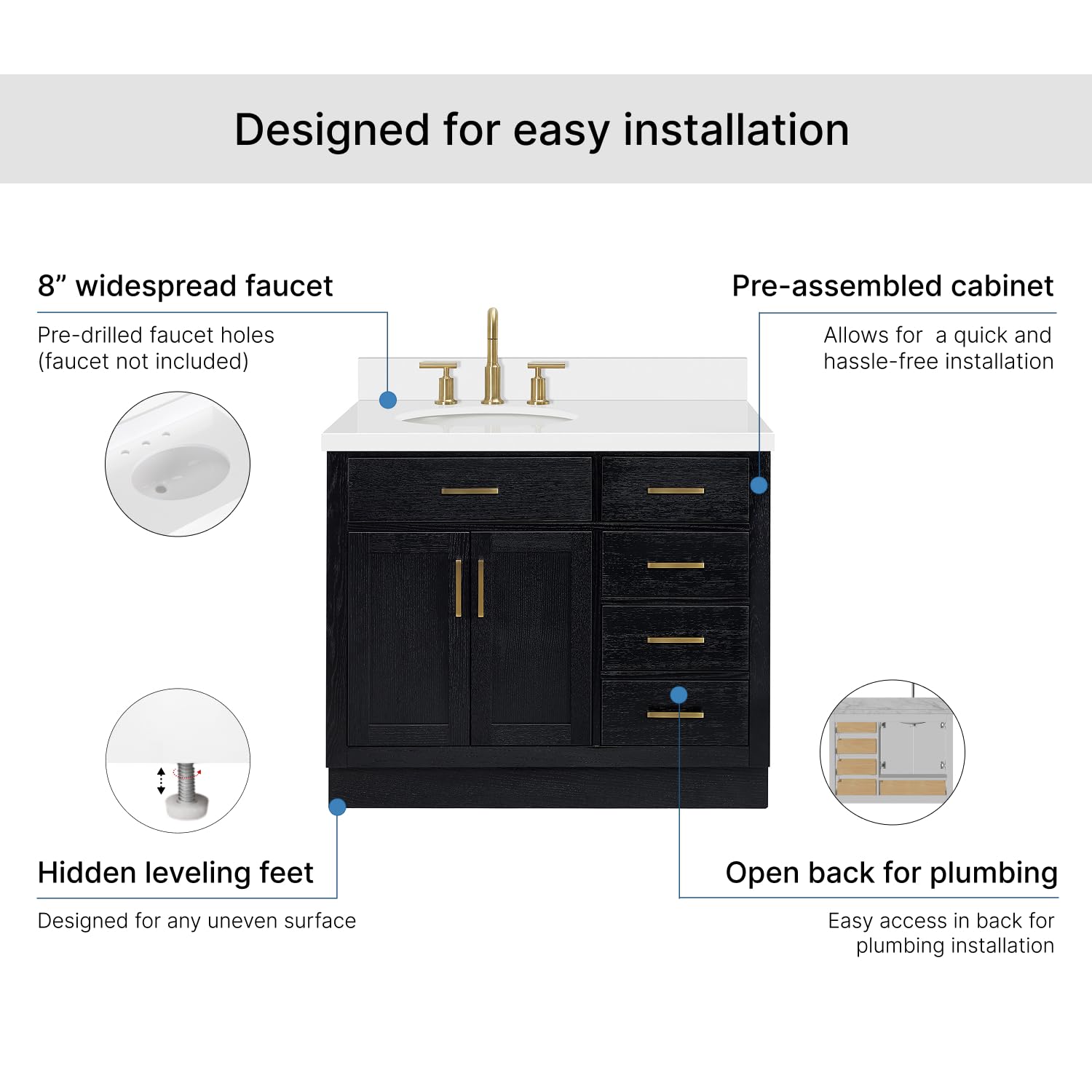 ARIEL Hepburn 42-inch Bathroom Vanity with Sink,Solid Wood, 1.5-inch Pure White Quartz Countertop & Backsplash, Single Oval Porcelain Sink, 2 Soft Closing Doors, 5 Dovetail Drawers, Black Oak - Image 7