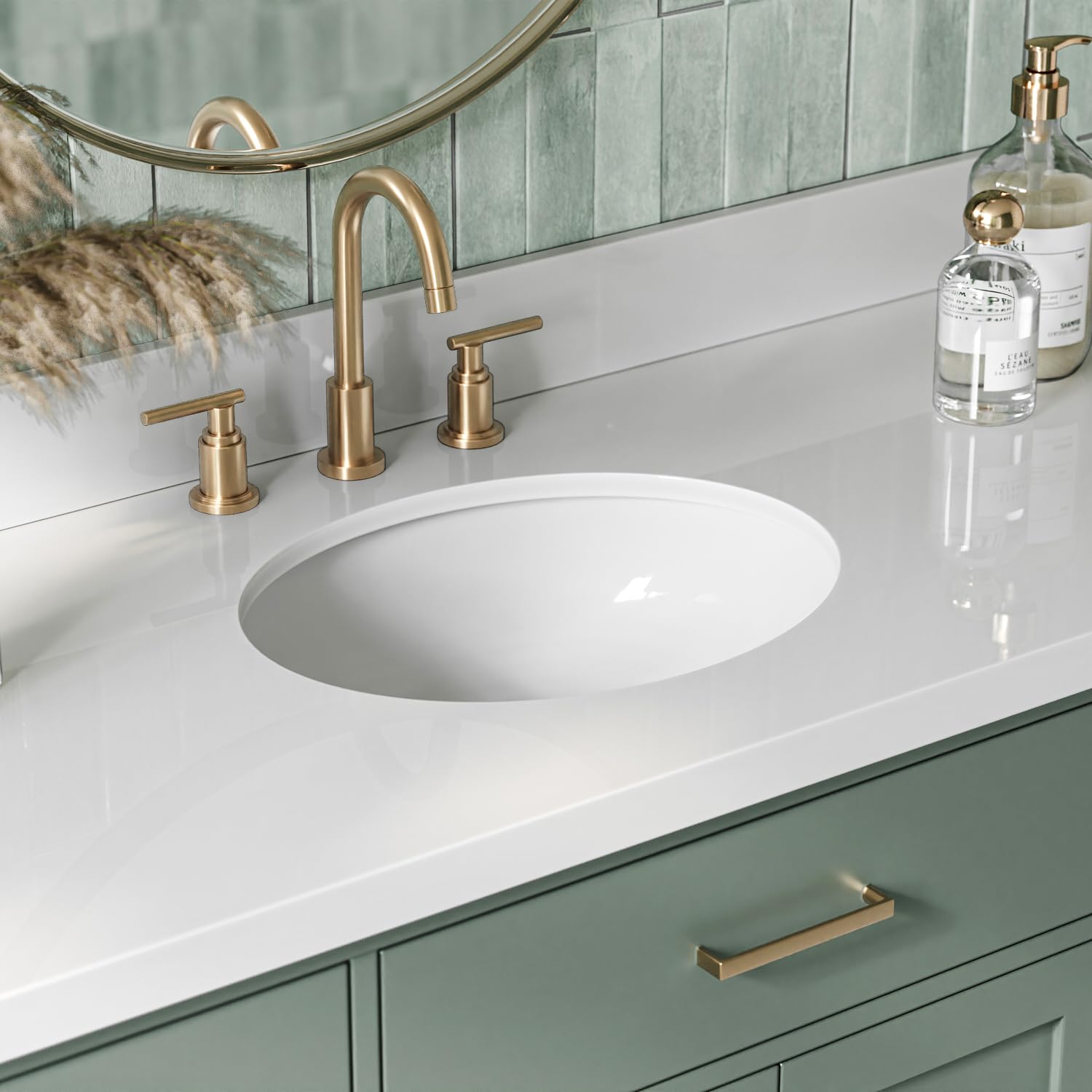 ARIEL Hepburn 55 Inch Single Oval Sink Bathroom Vanity with Pure White Quartz Countertop 1.5 Inch in Vintage Green - Image 3