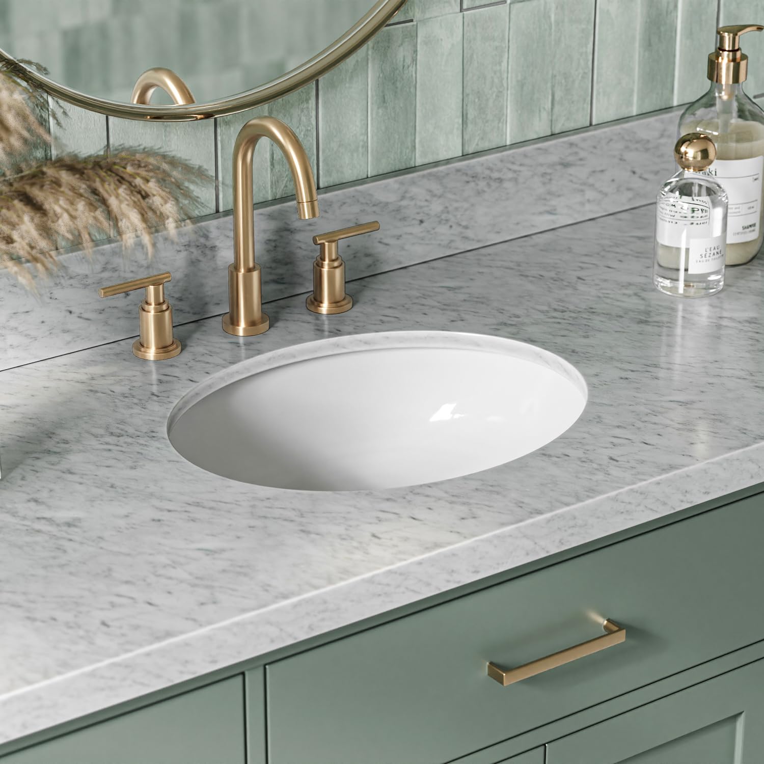 ARIEL Hepburn 55 Inch Single Oval Sink Bathroom Vanity with Carrara White Marble Countertop 1.5 Inch in Vintage Green - Image 3