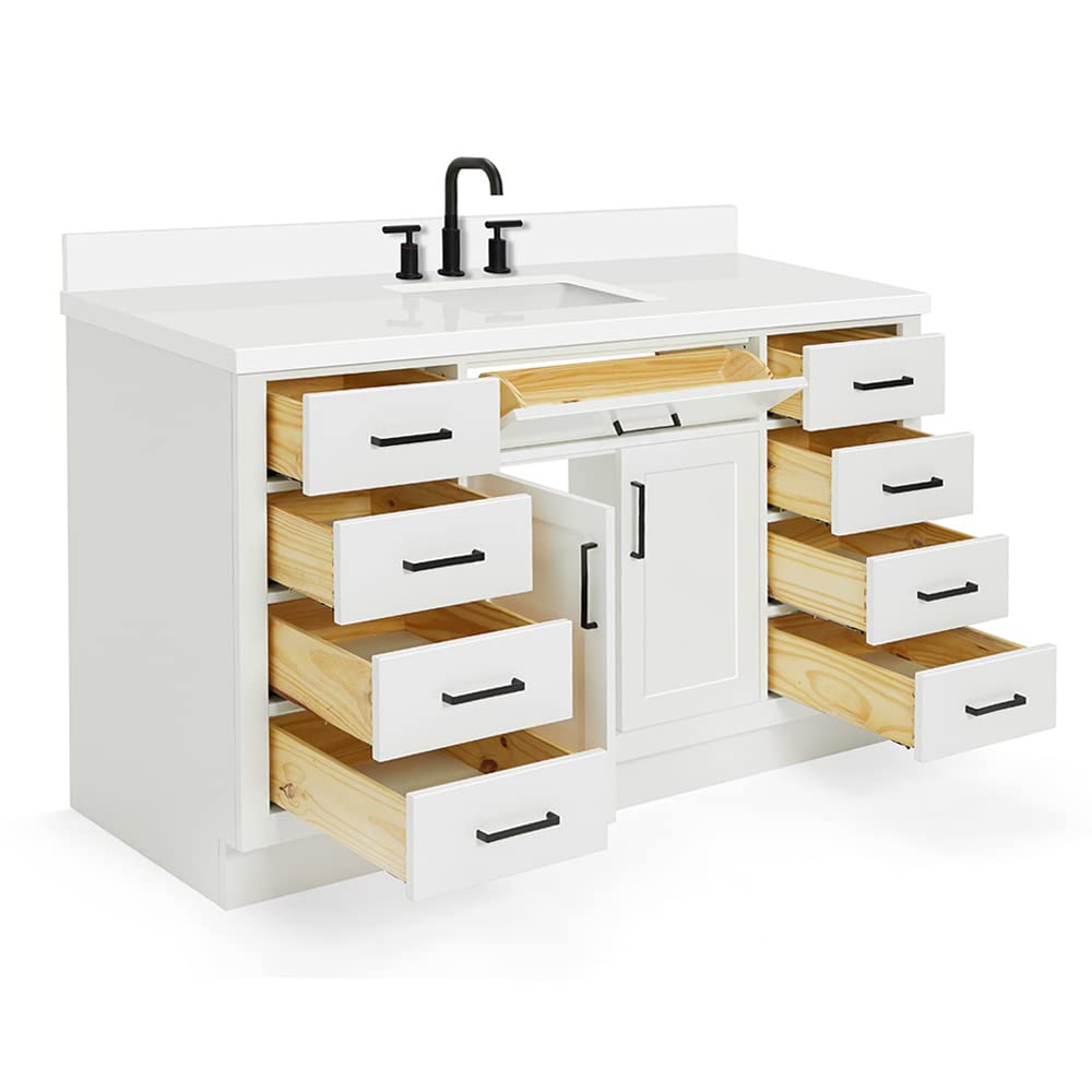 ARIEL Hepburn 60-inch Bathroom Vanity with Sink,Solid Wood, 1.5-inch Pure White Quartz Countertop & Backsplash, Single Rectangular Porcelain Sink, 2 Soft Closing Doors, 9 Dovetail Drawers, White - Image 10