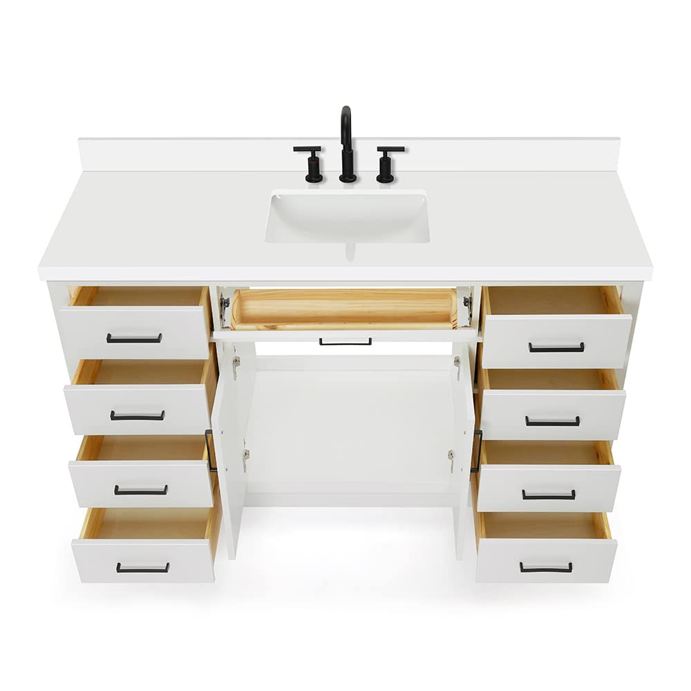 ARIEL Hepburn 60-inch Bathroom Vanity with Sink,Solid Wood, 1.5-inch Pure White Quartz Countertop & Backsplash, Single Rectangular Porcelain Sink, 2 Soft Closing Doors, 9 Dovetail Drawers, White - Image 11