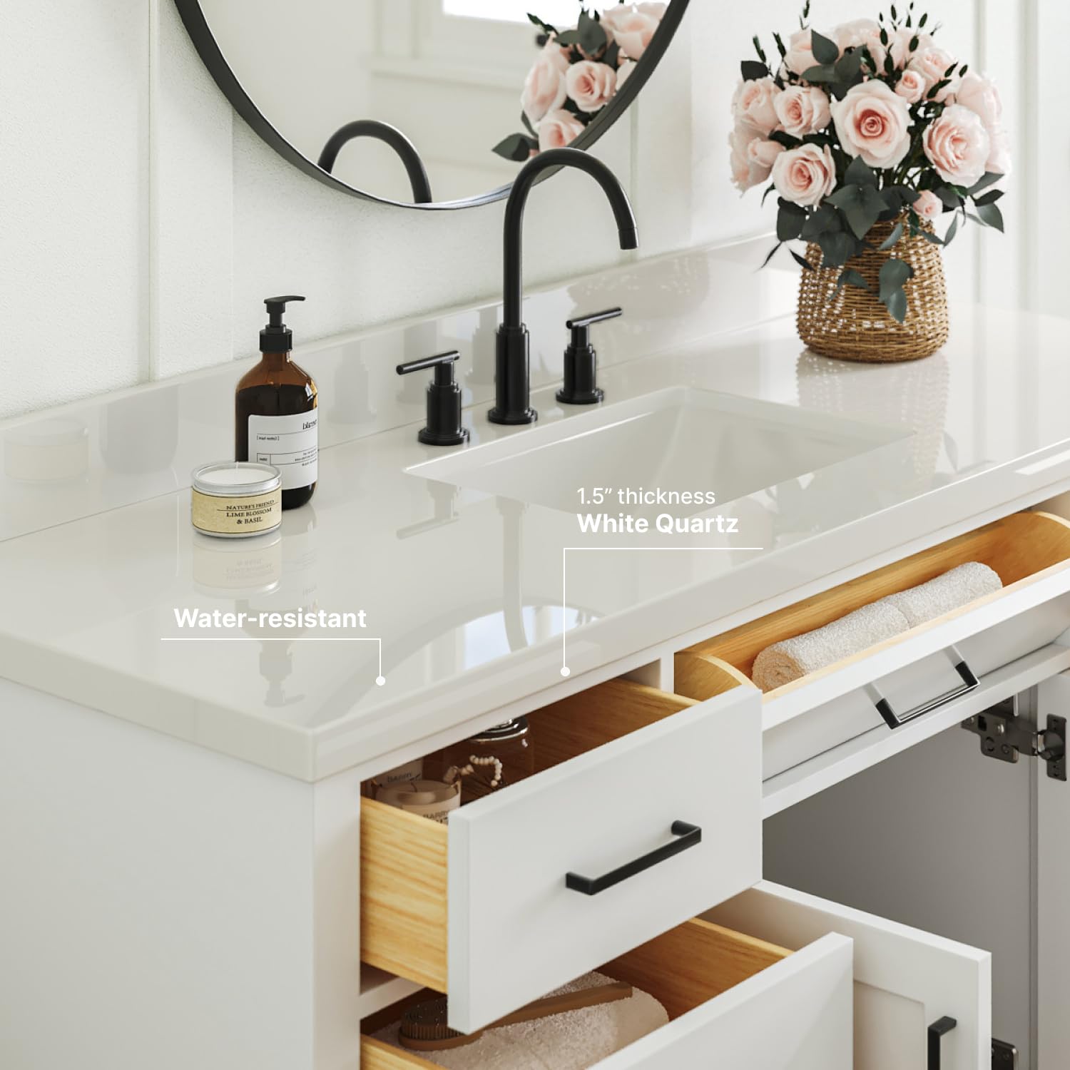 ARIEL Hepburn 60-inch Bathroom Vanity with Sink,Solid Wood, 1.5-inch Pure White Quartz Countertop & Backsplash, Single Rectangular Porcelain Sink, 2 Soft Closing Doors, 9 Dovetail Drawers, White - Image 3