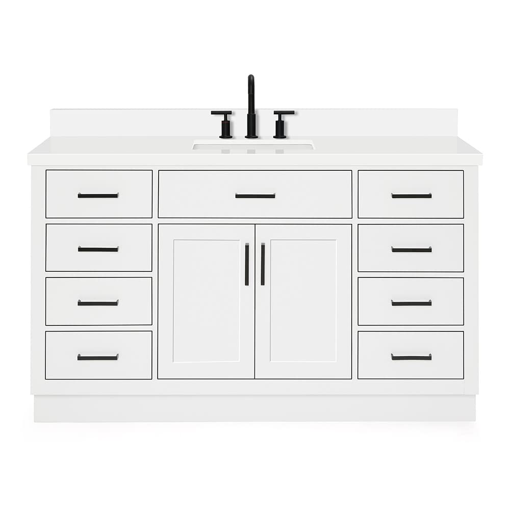 ARIEL Hepburn 60-inch Bathroom Vanity with Sink,Solid Wood, 1.5-inch Pure White Quartz Countertop & Backsplash, Single Rectangular Porcelain Sink, 2 Soft Closing Doors, 9 Dovetail Drawers, White - Image 4