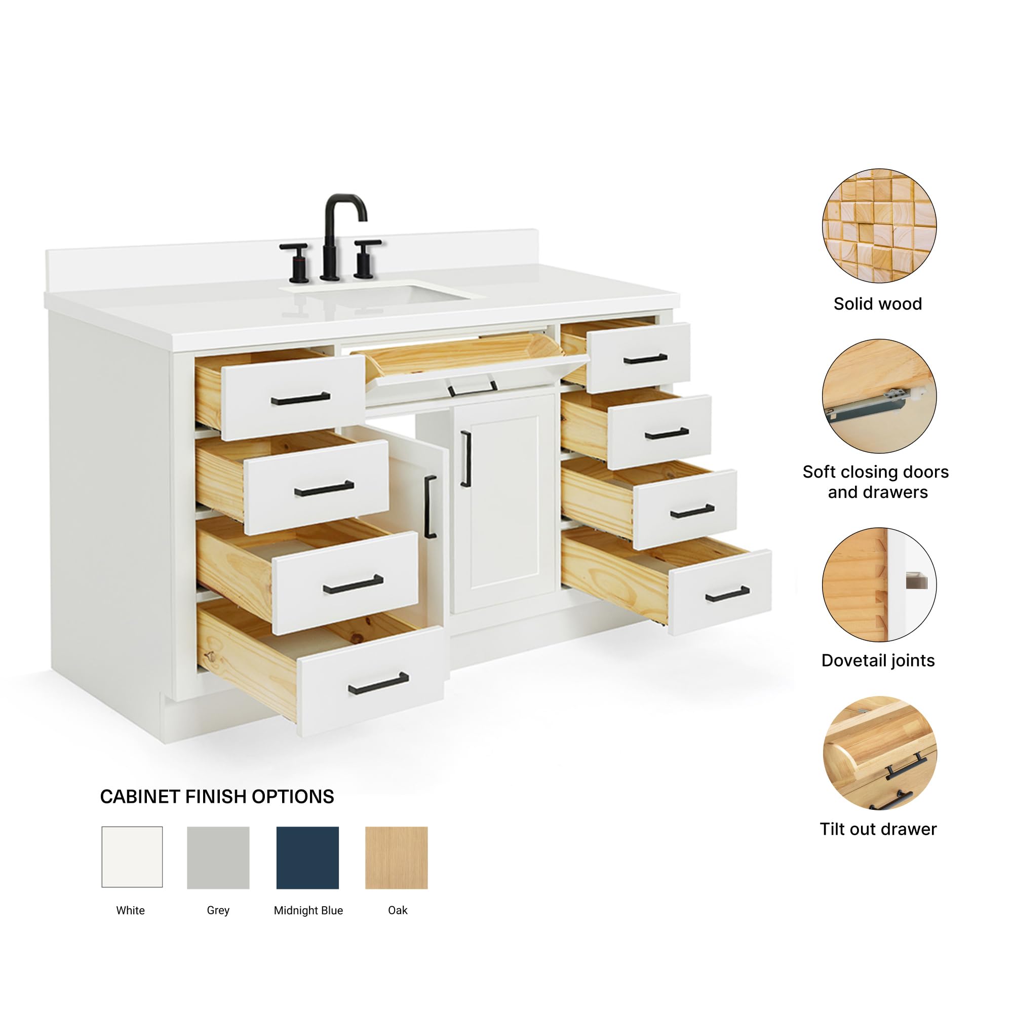 ARIEL Hepburn 60-inch Bathroom Vanity with Sink,Solid Wood, 1.5-inch Pure White Quartz Countertop & Backsplash, Single Rectangular Porcelain Sink, 2 Soft Closing Doors, 9 Dovetail Drawers, White - Image 5