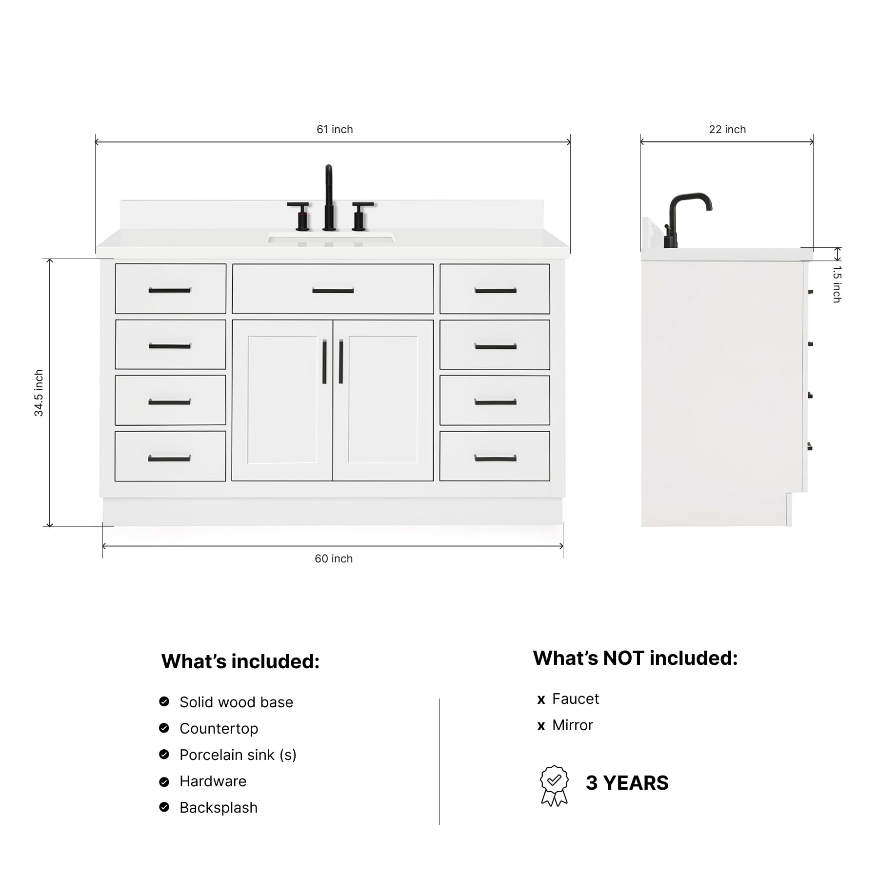 ARIEL Hepburn 60-inch Bathroom Vanity with Sink,Solid Wood, 1.5-inch Pure White Quartz Countertop & Backsplash, Single Rectangular Porcelain Sink, 2 Soft Closing Doors, 9 Dovetail Drawers, White - Image 6