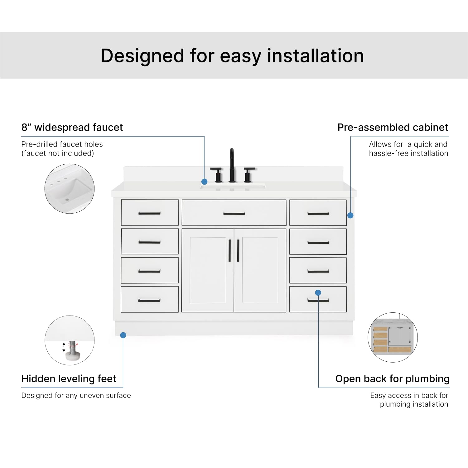 ARIEL Hepburn 60-inch Bathroom Vanity with Sink,Solid Wood, 1.5-inch Pure White Quartz Countertop & Backsplash, Single Rectangular Porcelain Sink, 2 Soft Closing Doors, 9 Dovetail Drawers, White - Image 7