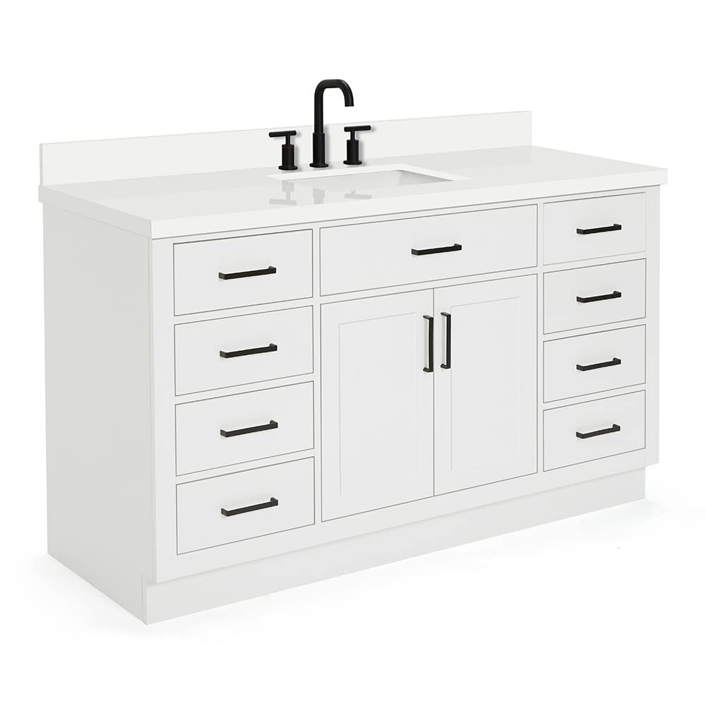 ARIEL Hepburn 60-inch Bathroom Vanity with Sink,Solid Wood, 1.5-inch Pure White Quartz Countertop & Backsplash, Single Rectangular Porcelain Sink, 2 Soft Closing Doors, 9 Dovetail Drawers, White - Image 8