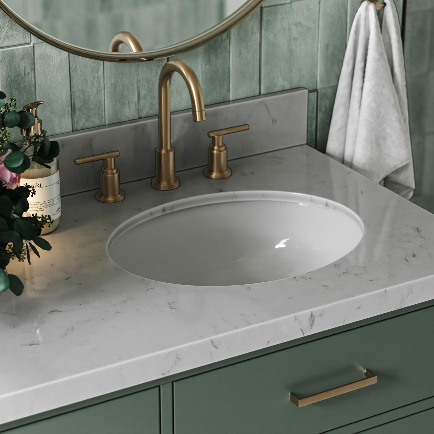 ARIEL Hepburn 60 Inch Double Oval Sink Bathroom Vanity with Carrara White Quartz Countertop 1.5 Inch in Vintage Green - Image 3