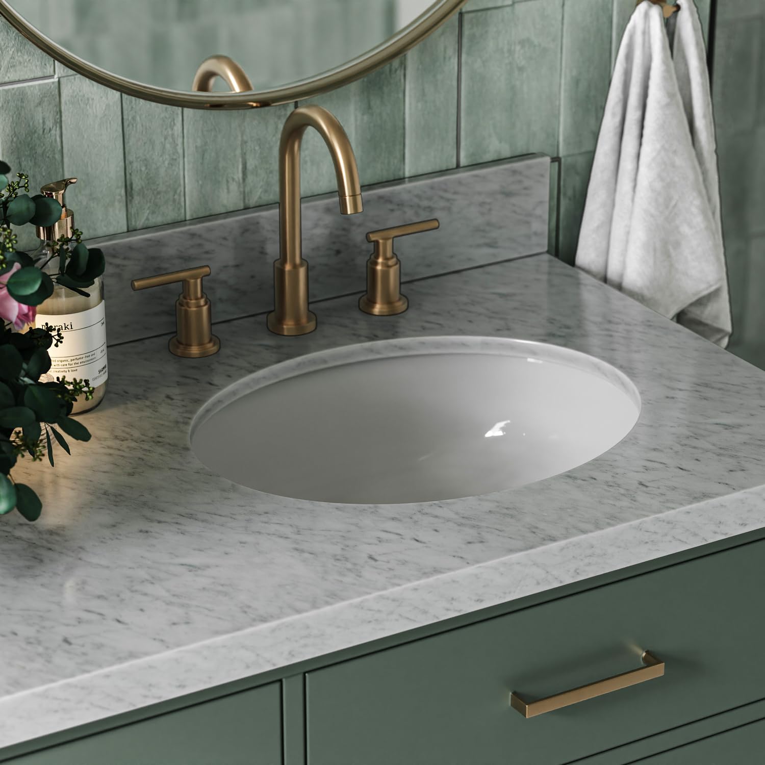 ARIEL Hepburn 61 Inch Double Oval Sink Bathroom Vanity with Carrara White Marble Countertop 1.5 Inch in Vintage Green - Image 3