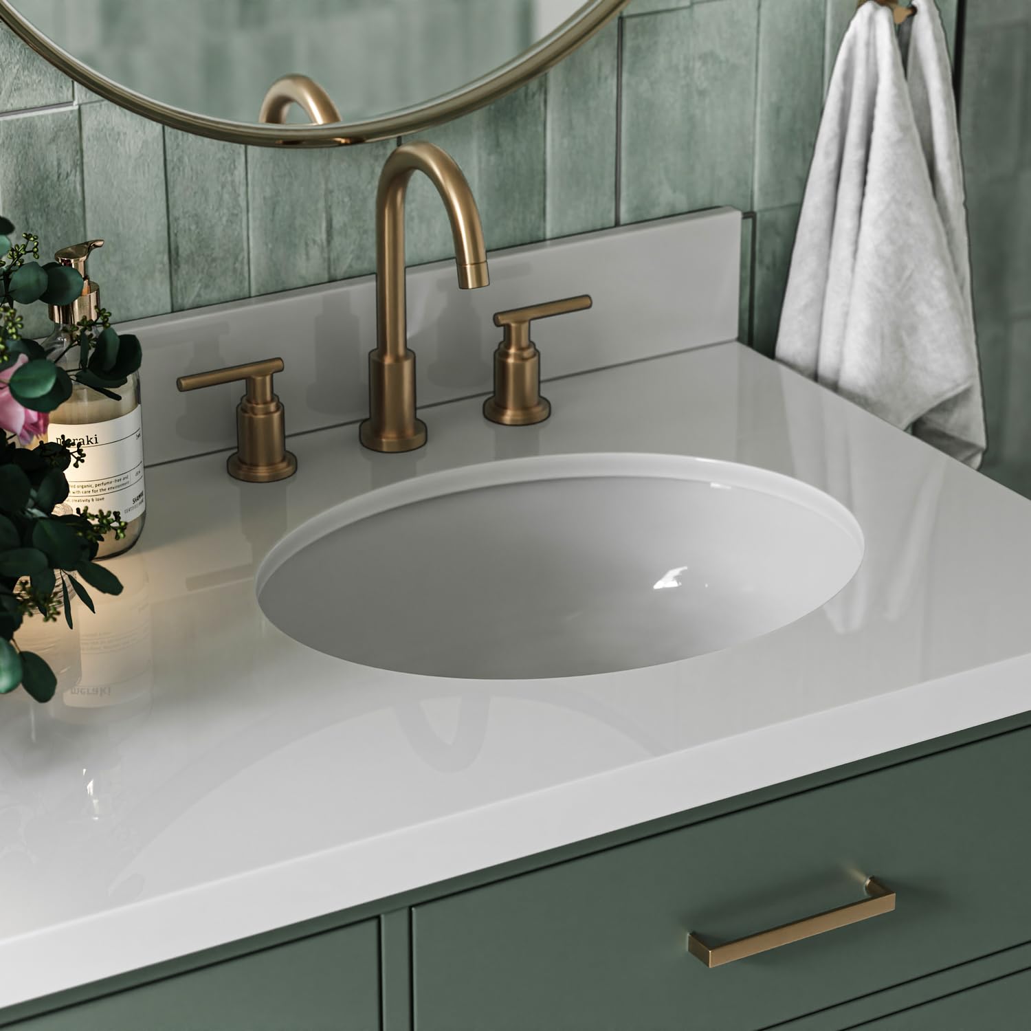 ARIEL Hepburn 61 Inch Double Oval Sink Bathroom Vanity with Pure White Quartz Countertop 1.5 Inch in Vintage Green - Image 3
