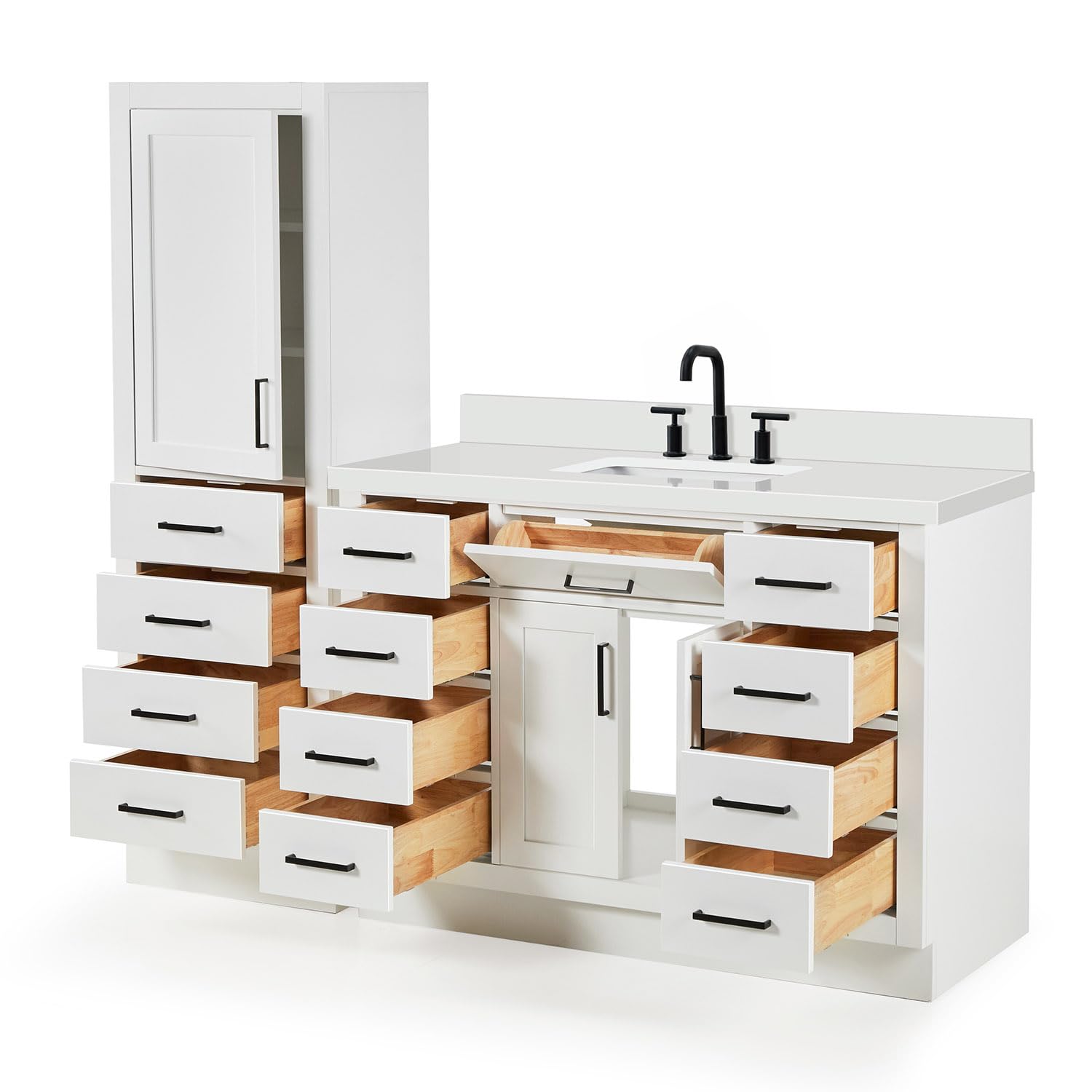 ARIEL Hepburn 69 Inch Includes 20 Inch Linen Cabinet and 1 of 49 Inch Single Rectangle Sink Bathroom Vanity with Pure White Quartz Countertop 1.5 Inch in White - Image 8